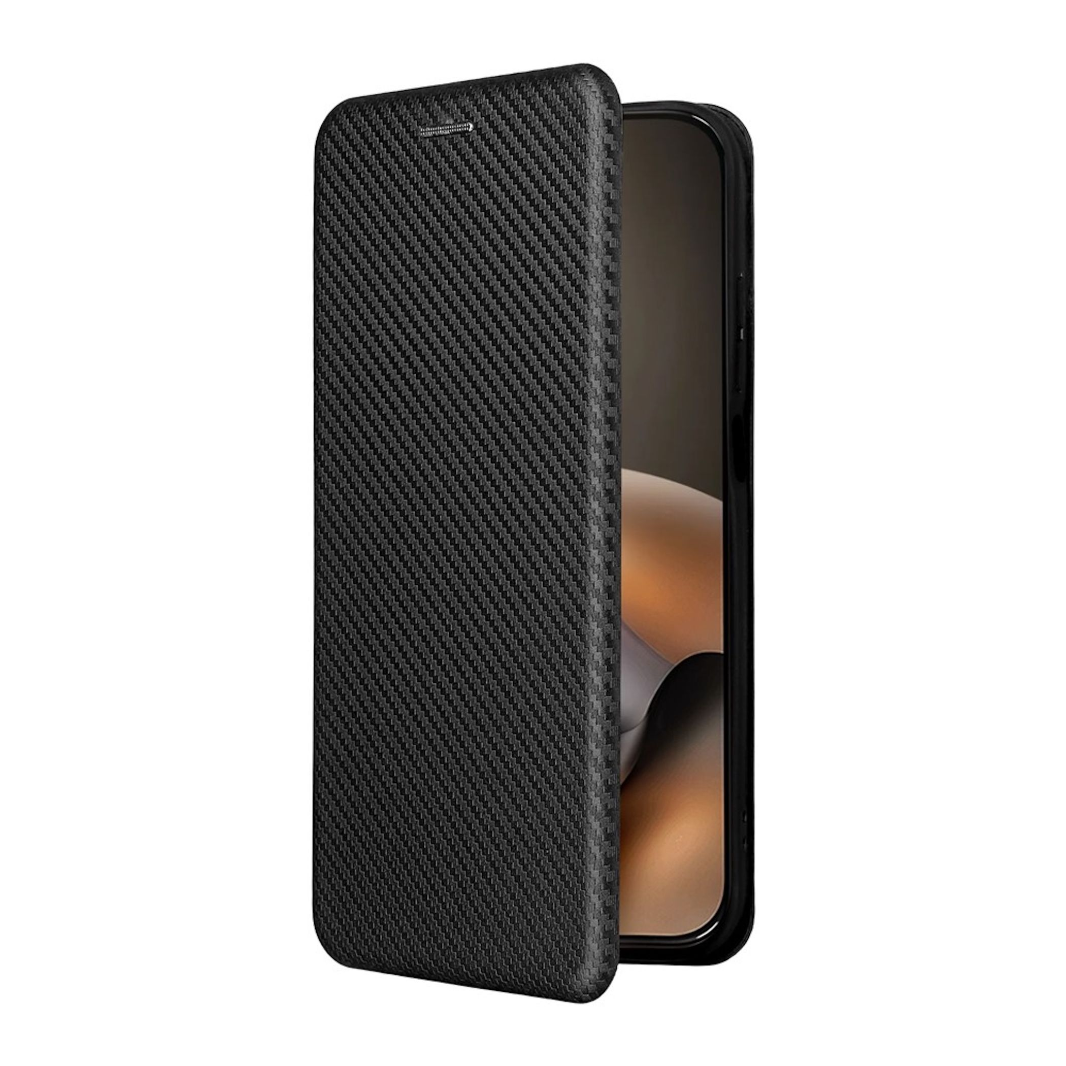 Ein schwarzes Carbon-Flip-Case steht offen neben einem Smartphone mit warmer abstrakter Tapete auf weißem Grund.