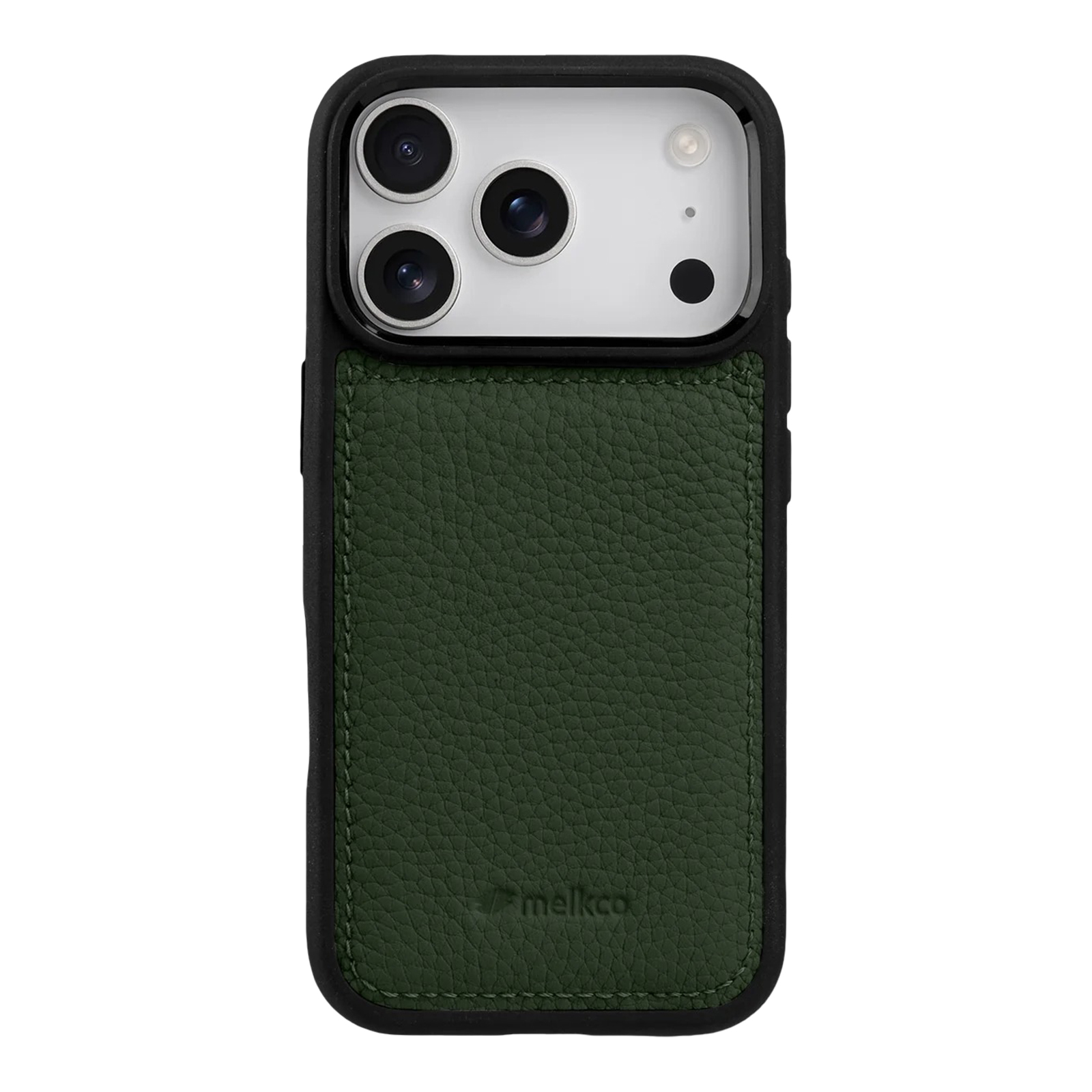 Eine schwarze Smartphone-Hülle mit grüner, strukturierter Lederrückseite und weißem Kamerafeld mit drei Linsen.