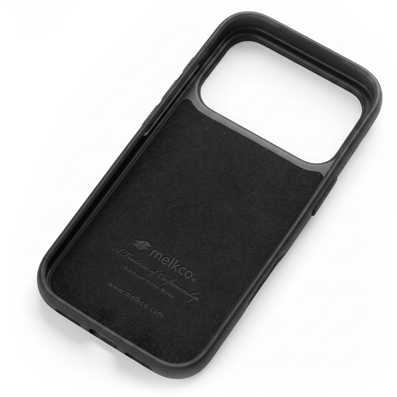 Eine schwarze Handytasche mit samtiger Innenseite und Melkco-Logo auf weißem Hintergrund.