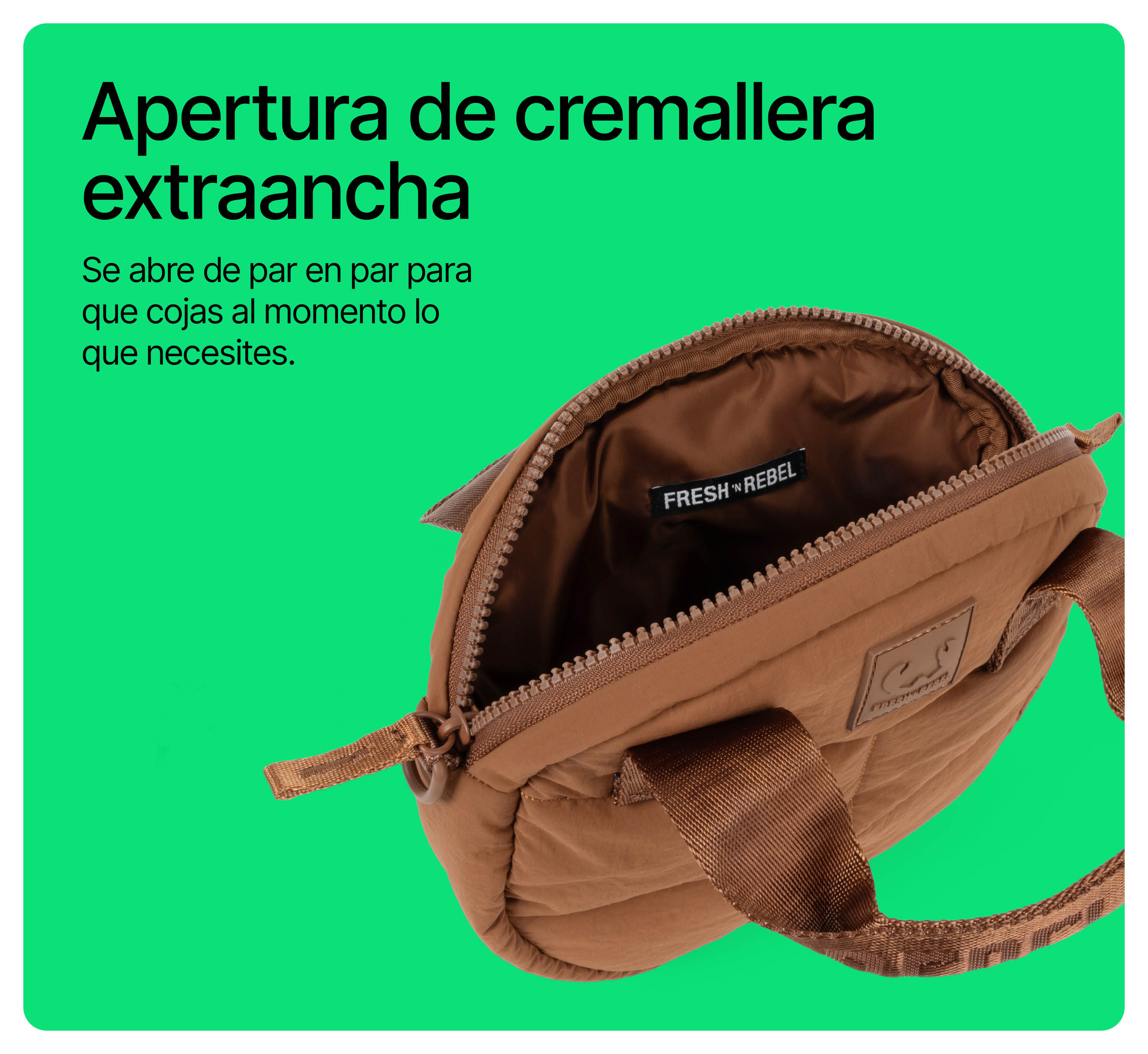 Un bolso marrón abierto sobre fondo verde con texto en español.
