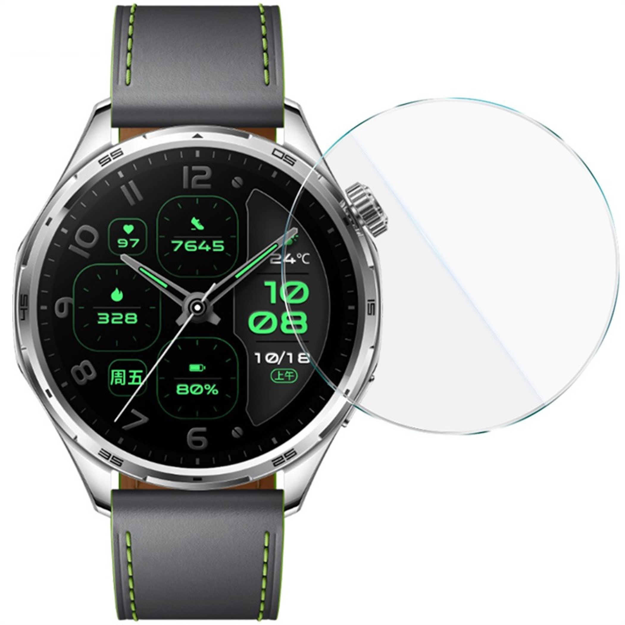 Eine Smartwatch mit silbernem Gehäuse, schwarzem Display und grauem Lederarmband sowie einem runden Displayschutz.
