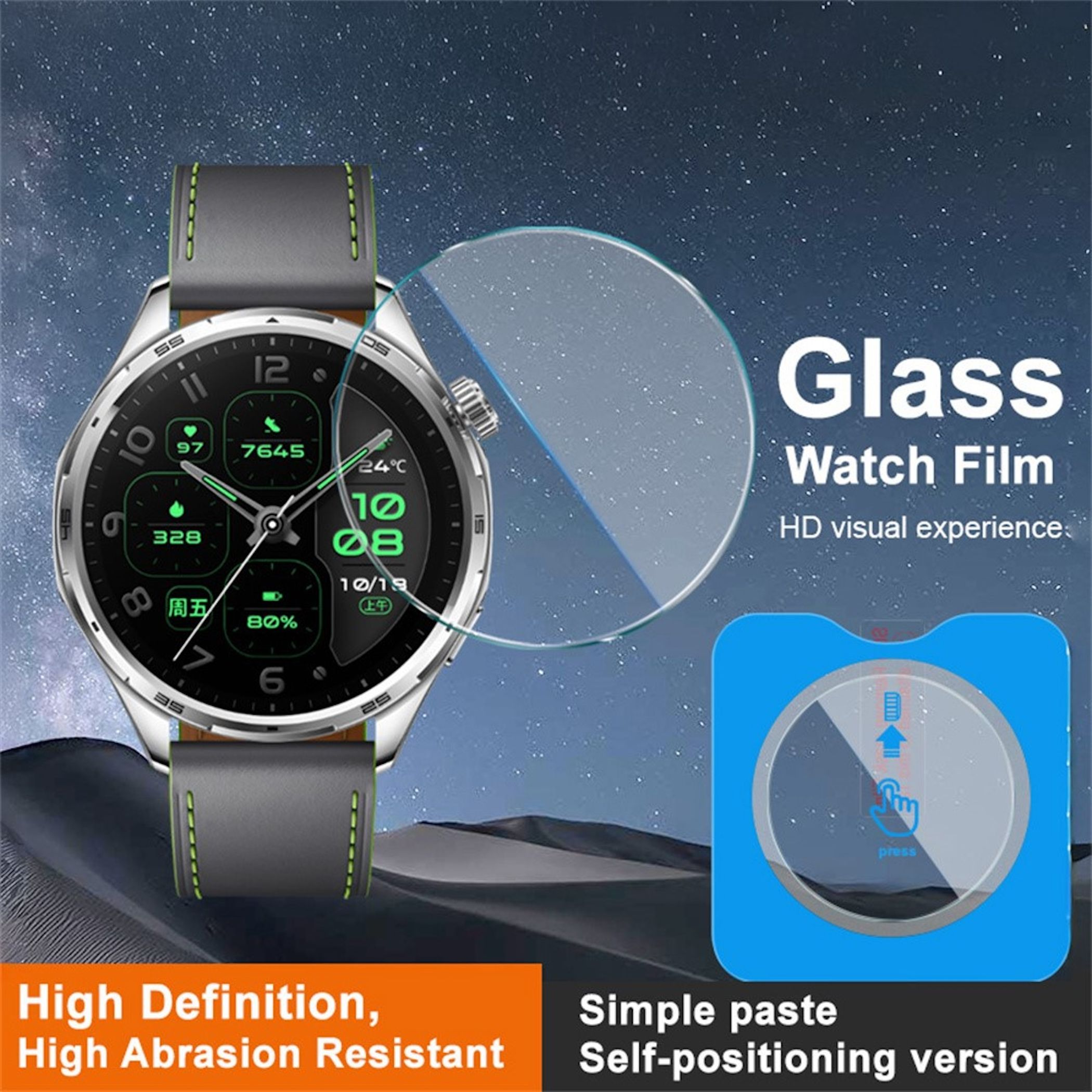 Smartwatch mit Glas-Schutzfolie vor dunklem Nachthimmelhintergrund.