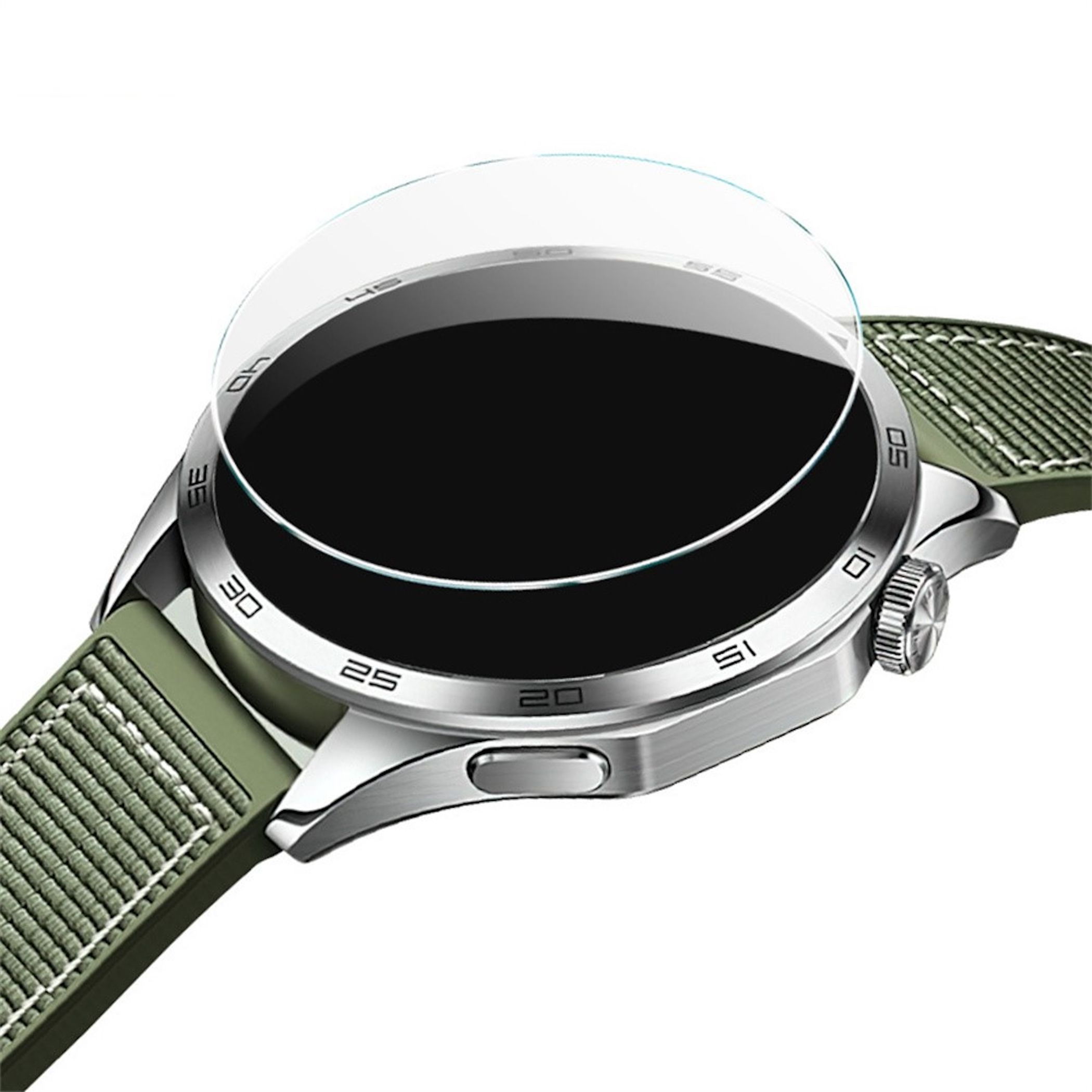 Eine silberne Smartwatch mit olivgrünem Nylonarmband und einer runden, transparenten Schutzfolie auf dem Display.