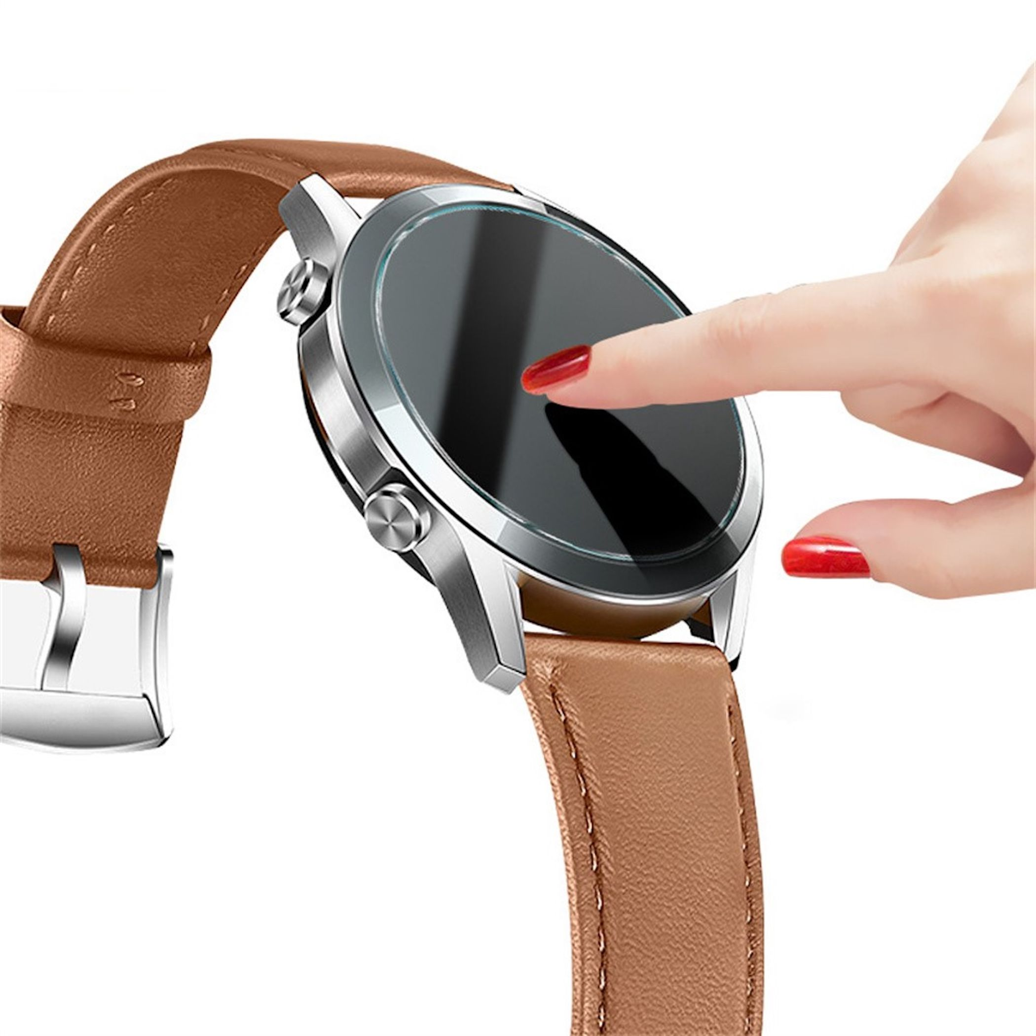 Eine Hand mit rotem Nagellack berührt den schwarzen Bildschirm einer Smartwatch mit braunem Lederarmband.