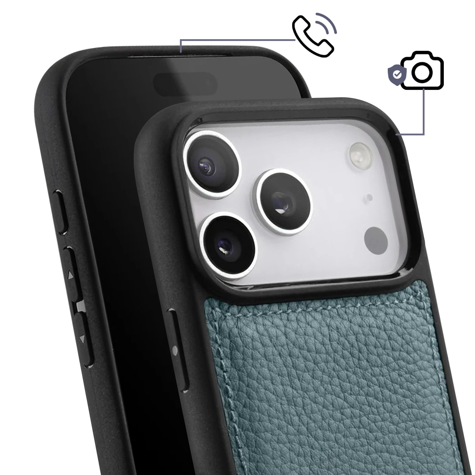 Zwei schwarze Smartphones mit blauer Lederhülle und Kameras. Darüber sind ein Telefon- und ein Kamerasymbol zu sehen.
