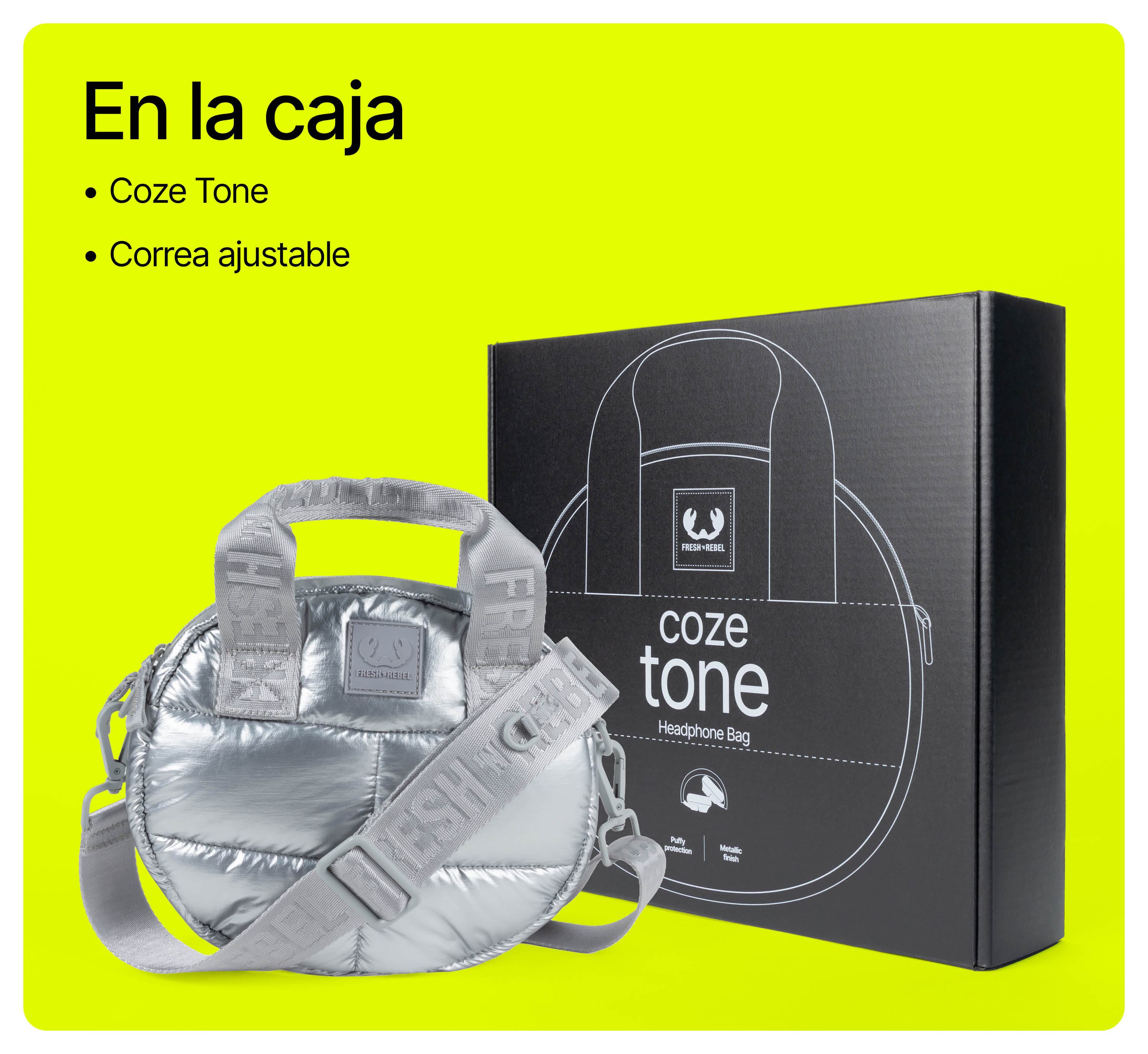 Un bolso para auriculares redondo y plateado con correas frente a una caja de producto negra sobre fondo verde.