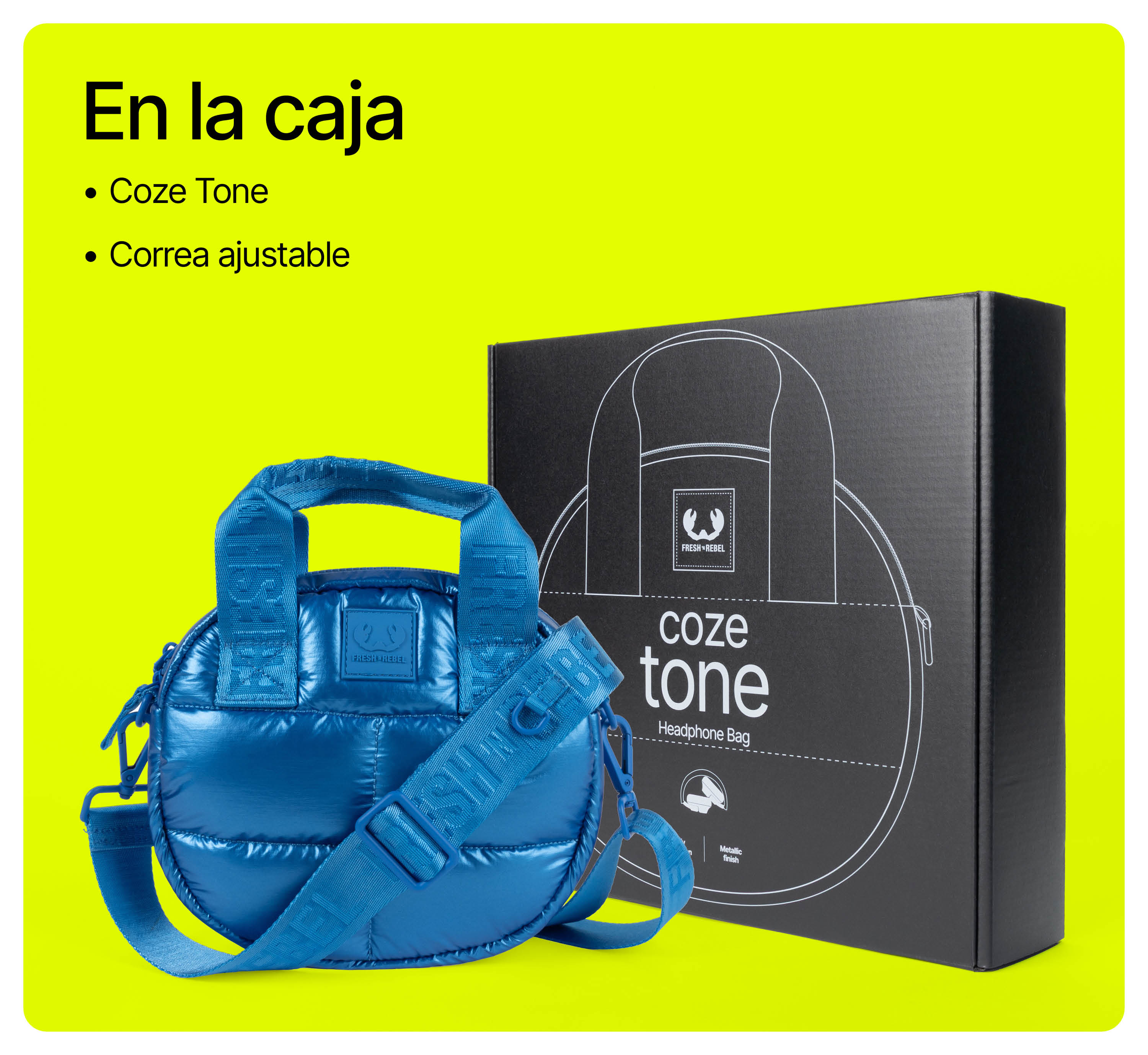Eine glänzende blaue Puffer-Tasche steht neben ihrer schwarzen Produktbox vor gelbem Hintergrund.