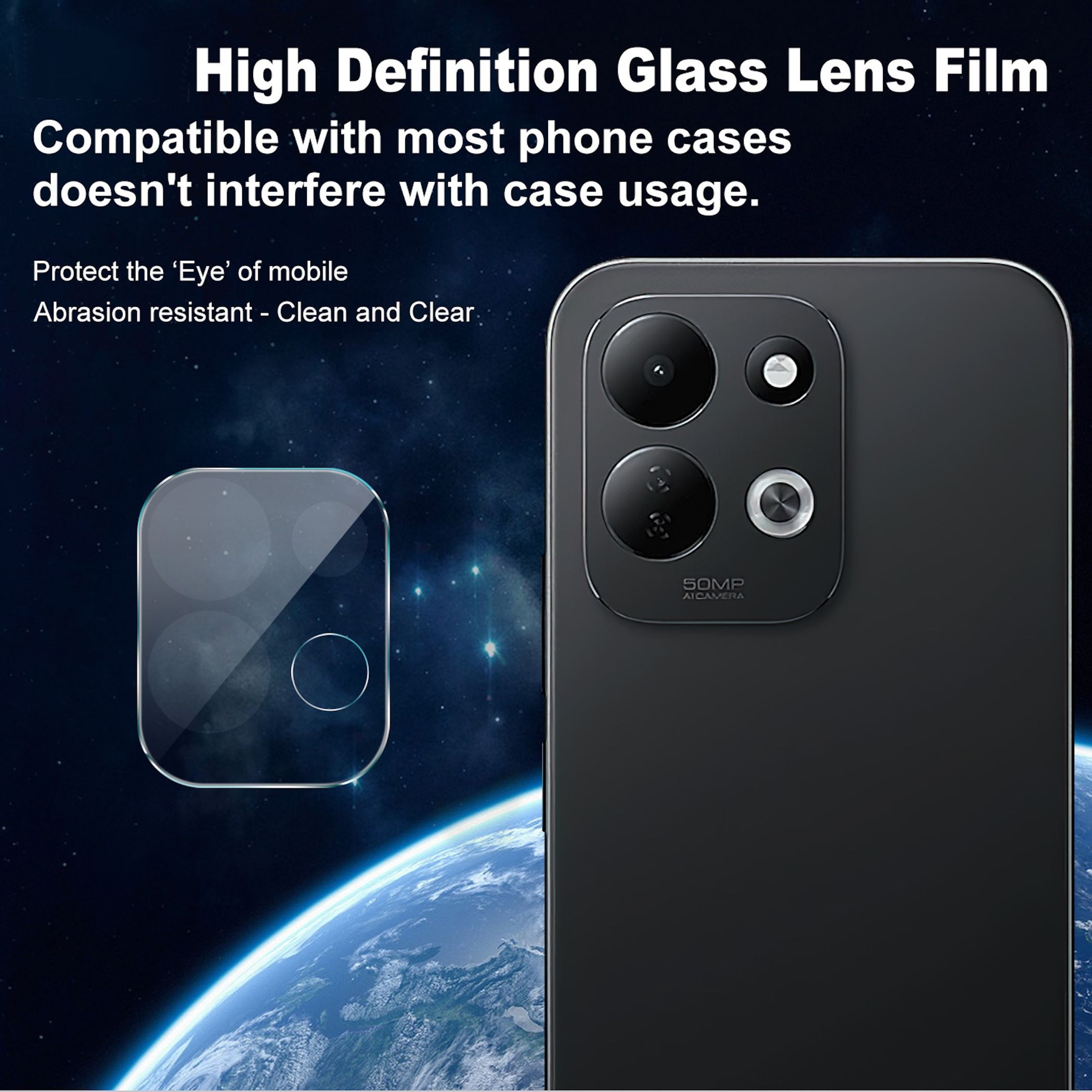 Smartphone-Kamera mit Schutzglas vor einem Weltraumhintergrund.