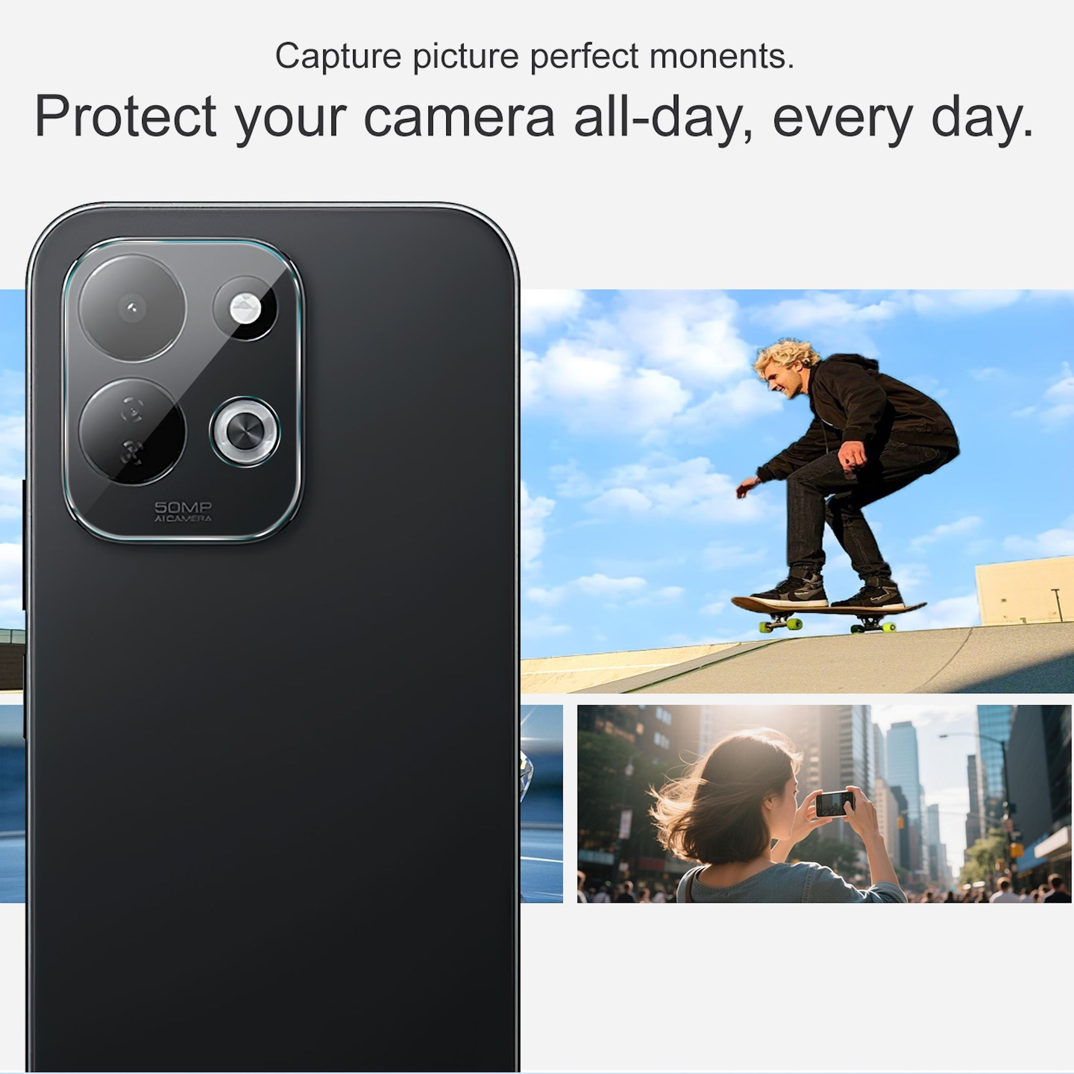 Werbebild für Kameraschutz mit Smartphone, Skater und Person, die in der Stadt fotografiert.