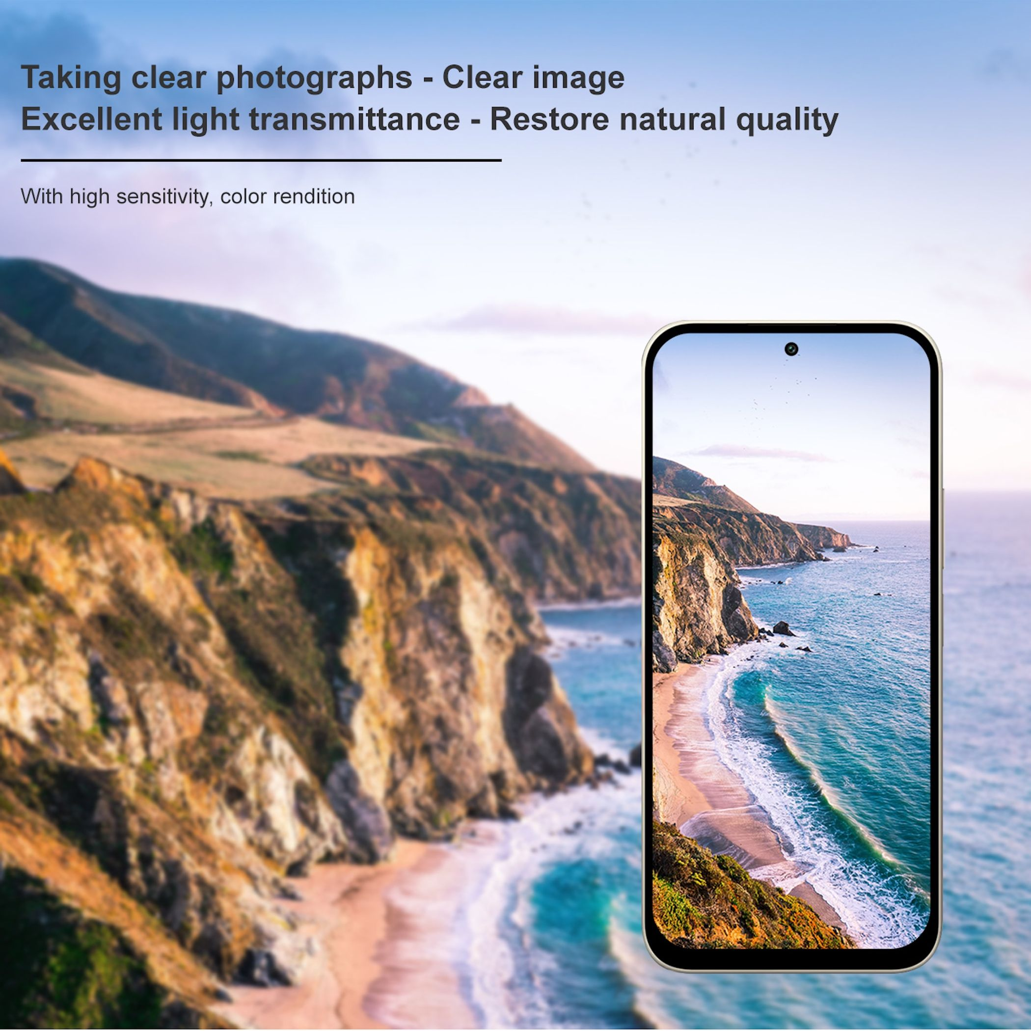 Smartphone zeigt ein scharfes Küstenfoto vor einer hügeligen Landschaft mit Text oben.