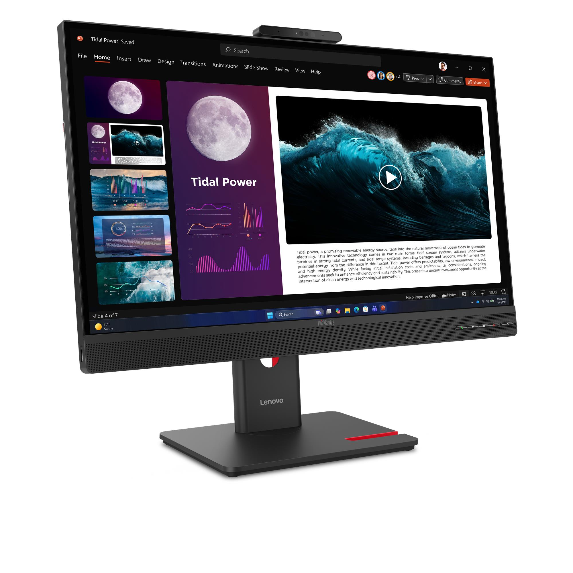 Un desktop all-in-one Lenovo mostra una presentazione sull'energia mareomotrice con immagini della luna e onde.