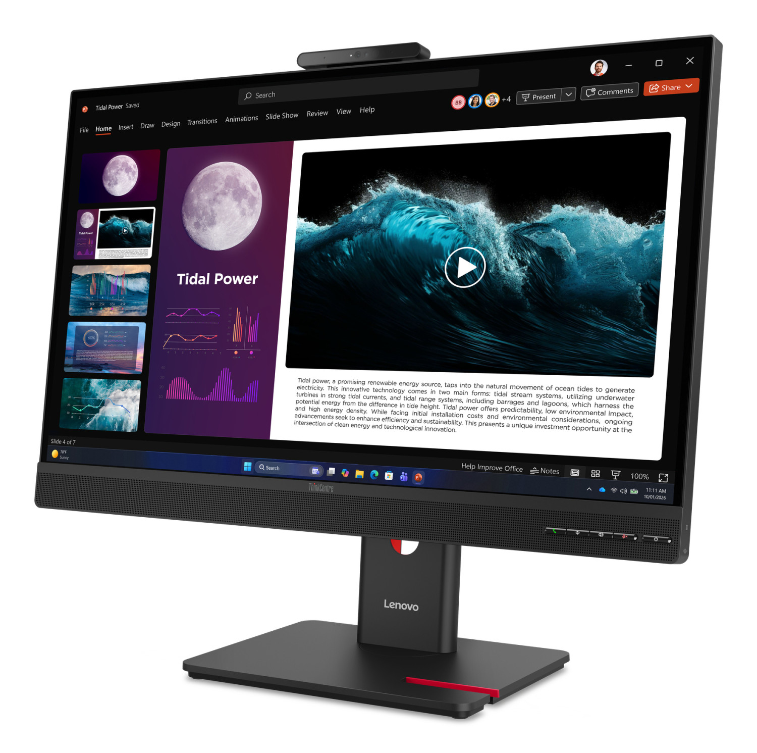 Un PC all-in-one Lenovo ThinkCentre mostra una presentazione sull'energia mareomotrice con grafici.