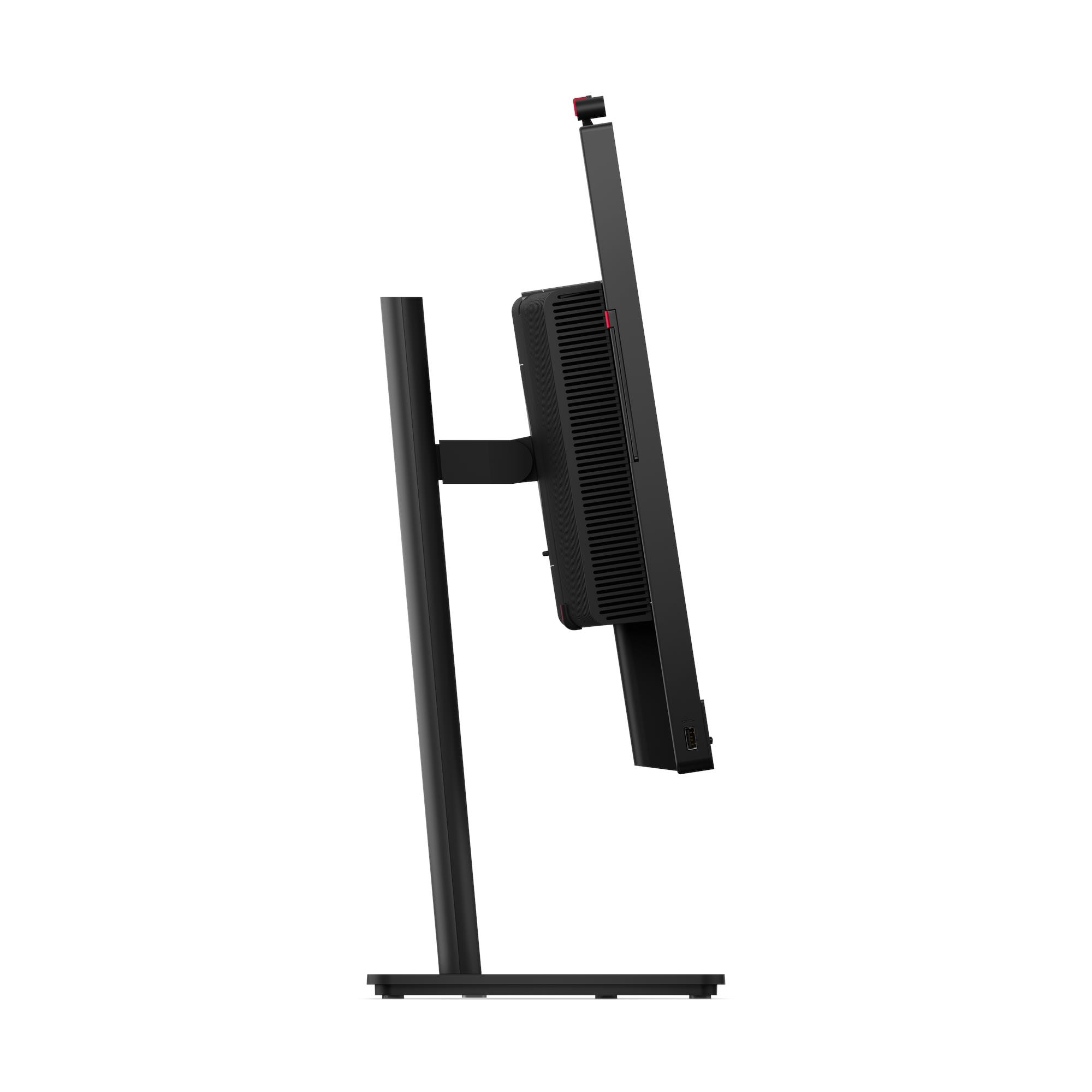 Vista laterale di un monitor nero con supporto e un modulo ventilato sul retro.