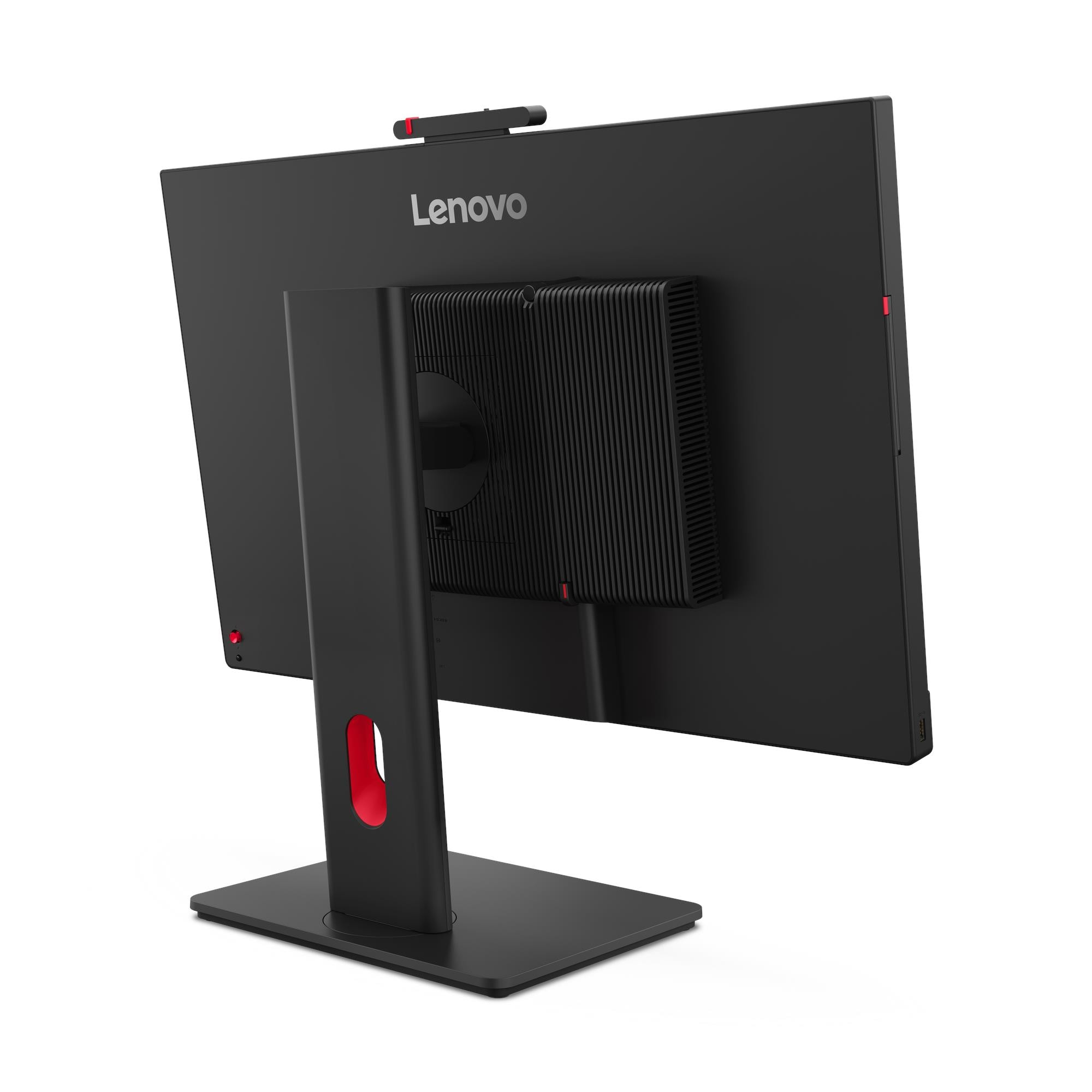 Vista posteriore di un monitor nero Lenovo con supporto e webcam in alto su sfondo bianco.