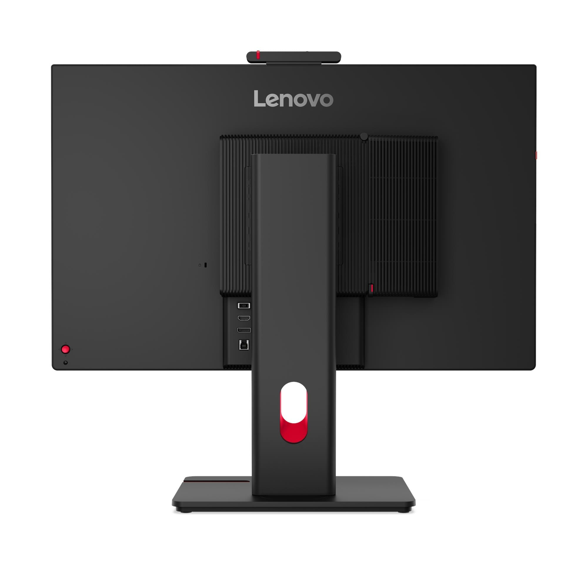 Vista posteriore di un monitor Lenovo nero con supporto, porte e telecamera in alto.