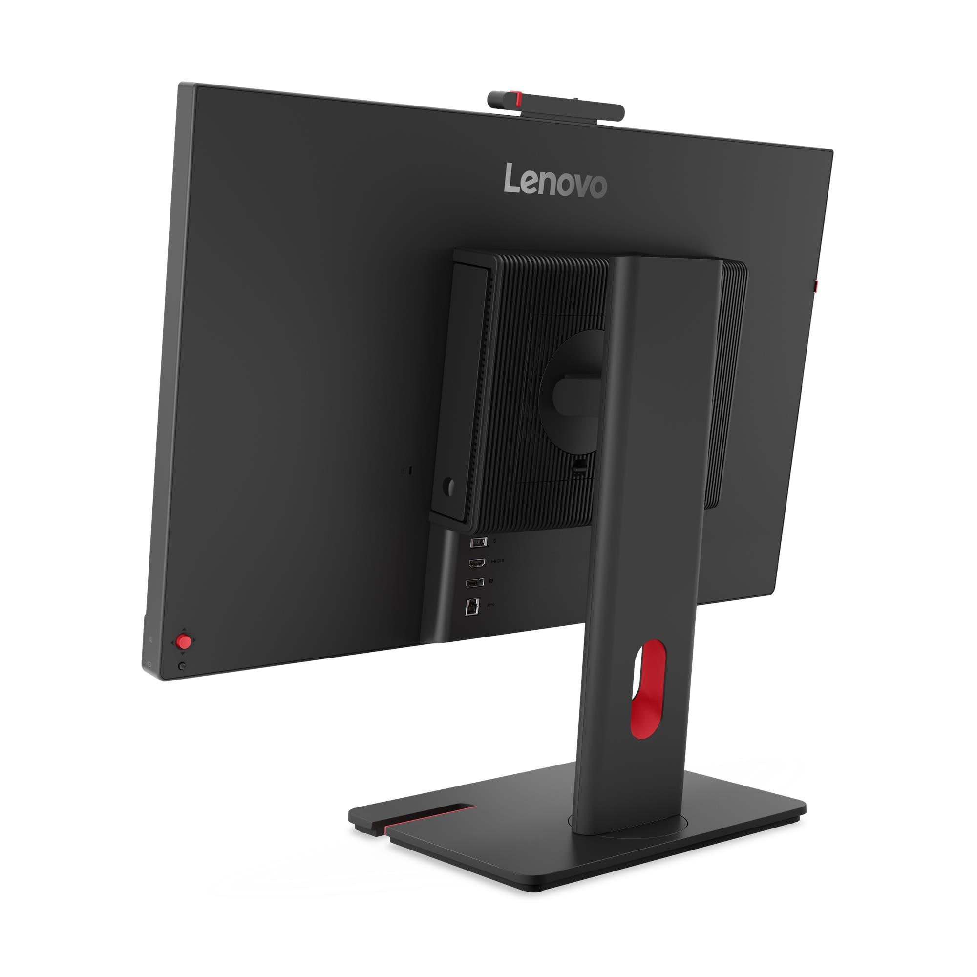 Retro di un monitor Lenovo nero con supporto, PC integrato e cursore della fotocamera rosso in alto.