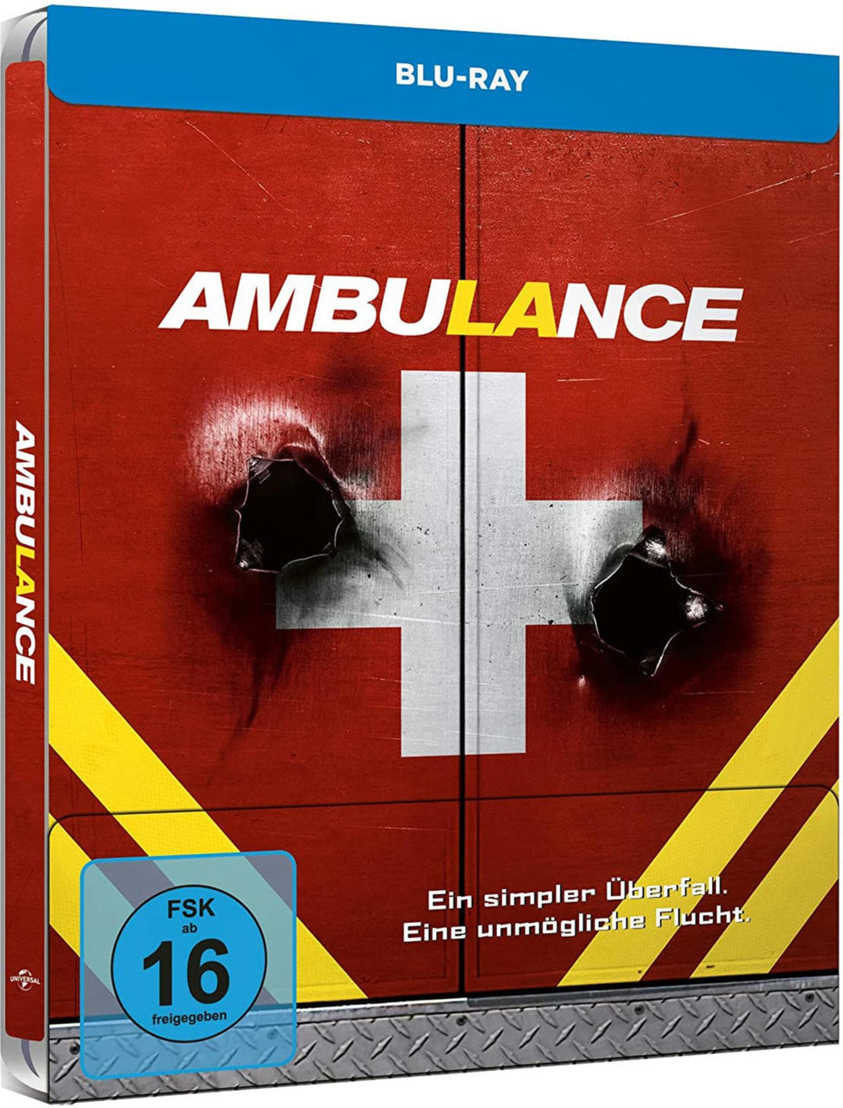 Blu-ray-Hülle des Films Ambulance mit roter und gelber Notfallwagen-Grafik und zwei Einschusslöchern.