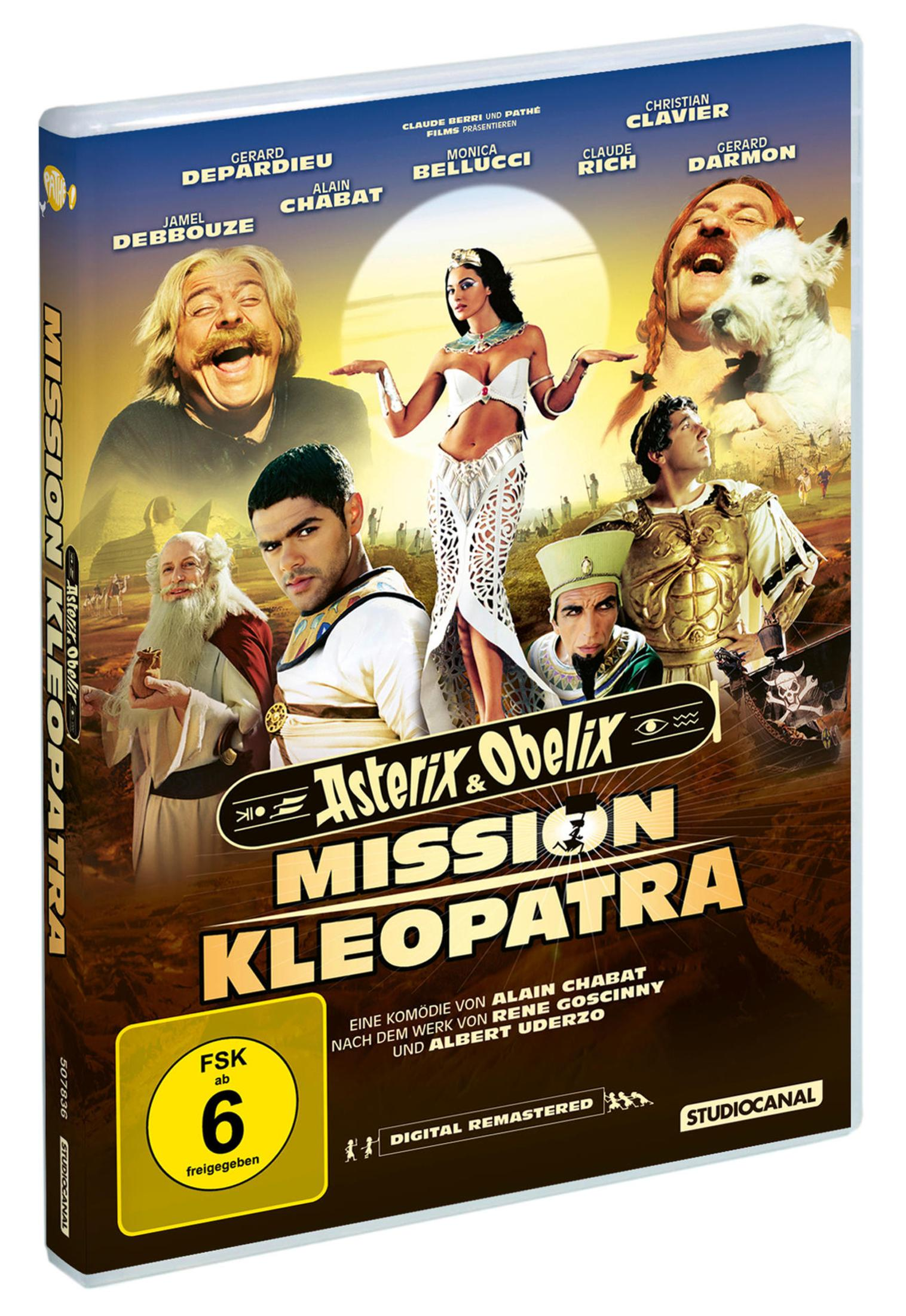 DVD-Cover von Asterix & Obelix: Mission Kleopatra mit den Hauptdarstellern und ägyptischer Wüstenszenerie.