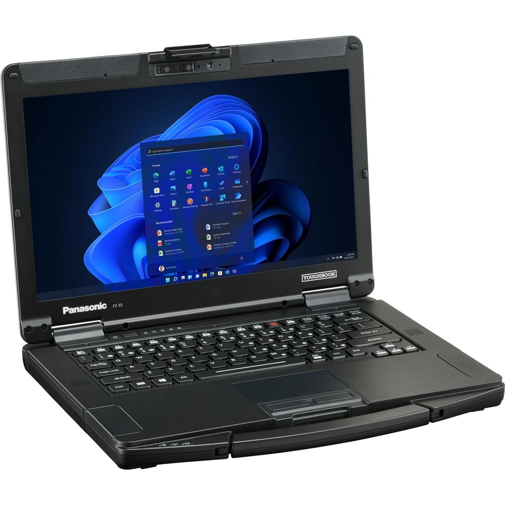 Un ordinateur portable noir Panasonic Toughbook avec un écran Windows bleu allumé.