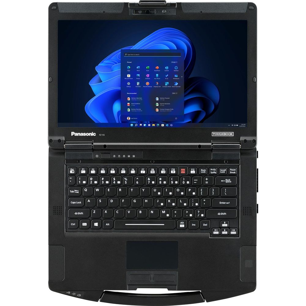 Vue de face d'un ordinateur portable noir Panasonic Toughbook affichant un fond d'écran Windows bleu.