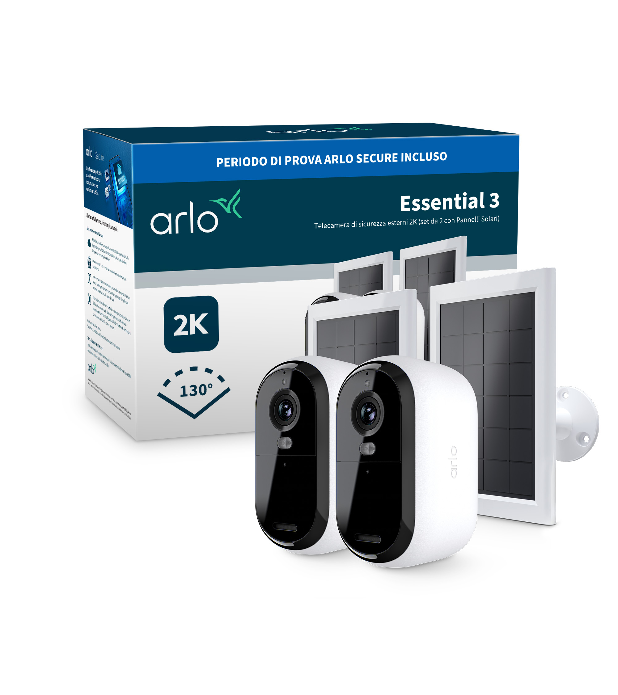 Telecamere di sicurezza Arlo Essential 3 con pannelli solari e scatola.