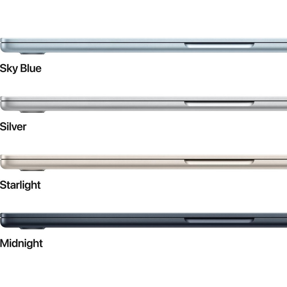 Quattro laptop chiusi in azzurro, argento, starlight e mezzanotte su sfondo bianco.
