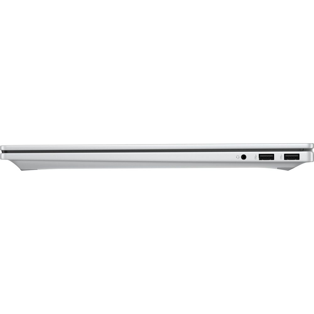 Vista laterale di un laptop argento con jack per cuffie e due porte USB.