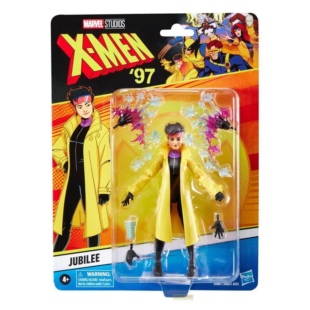 X-Men '97 Jubilee Actionfigur in Verpackung mit gelbem Mantel, pinkem Haar und plasmatischen Energieeffekten.