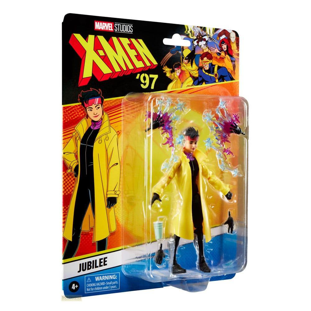 Jubilee X-Men '97 Actionfigur in Verpackung mit gelbem Mantel und Glitzereffekten.