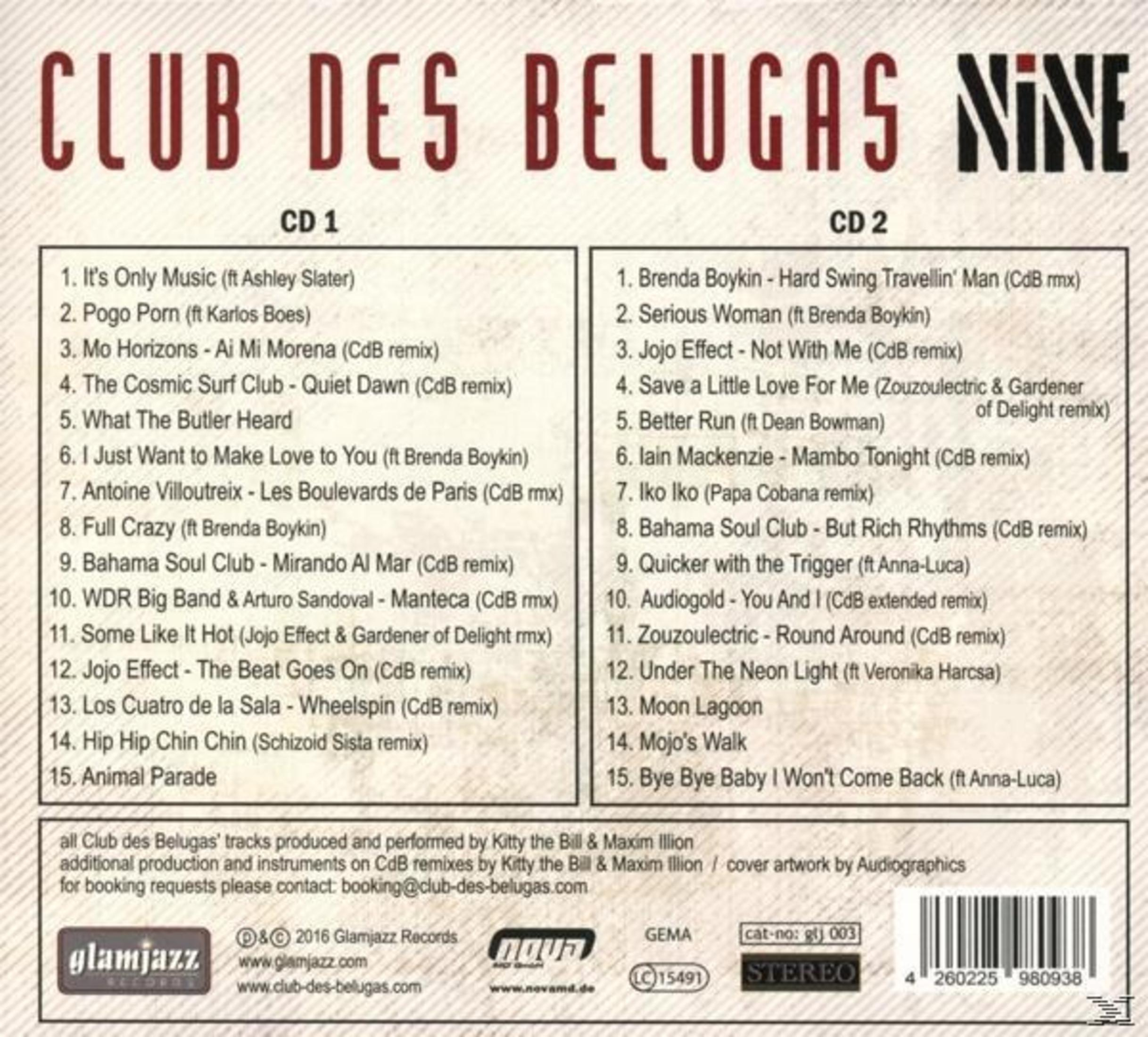 Rückseite einer Musik-CD mit Tracklists für CD 1 und CD 2 von Club des Belugas, Titel Nine.