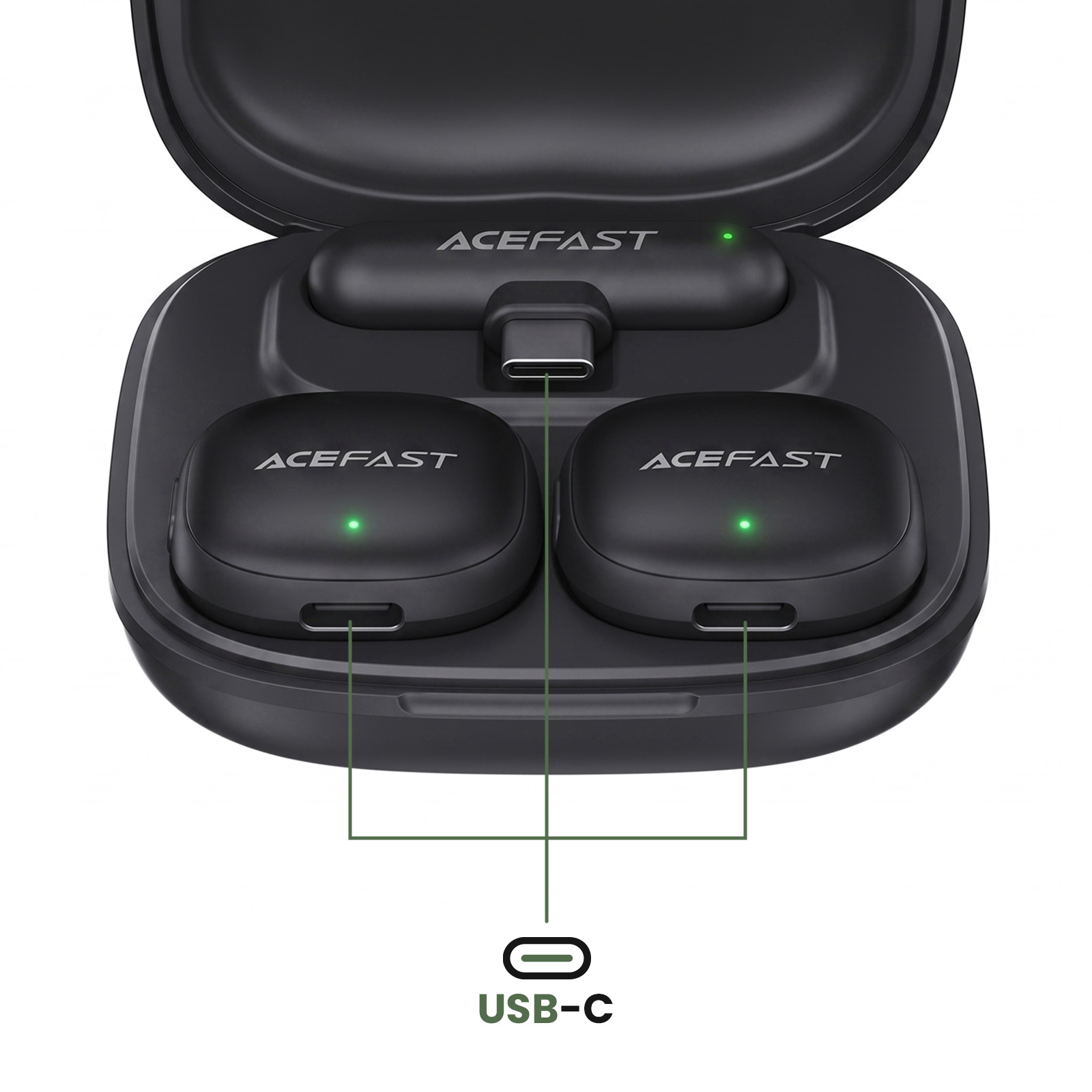 Schwarze Acefast Kopfhörer im Ladecase mit USB-C Anschlüssen.