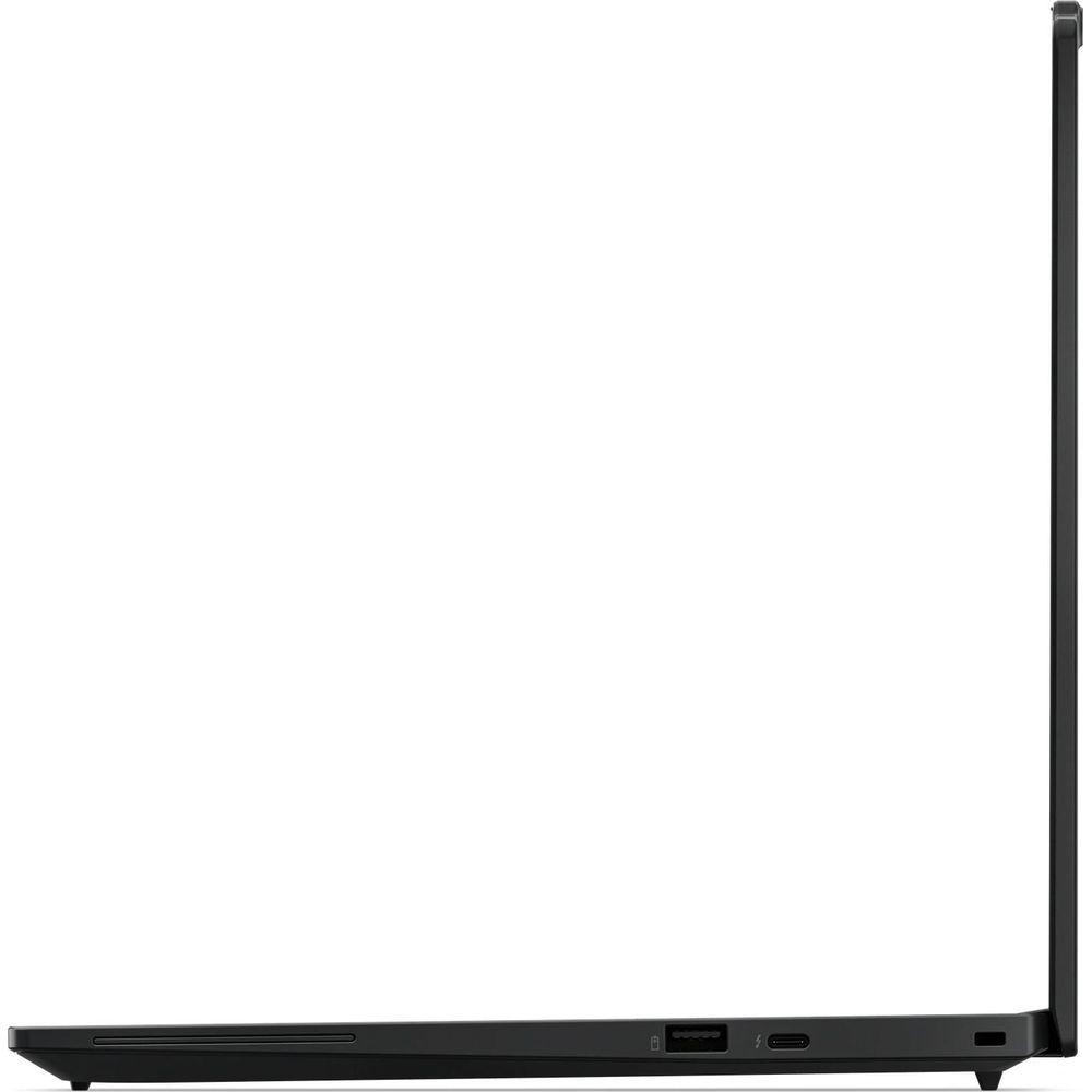 Vue latérale d'un ordinateur portable noir mince avec des ports USB et USB-C visibles sur fond blanc.