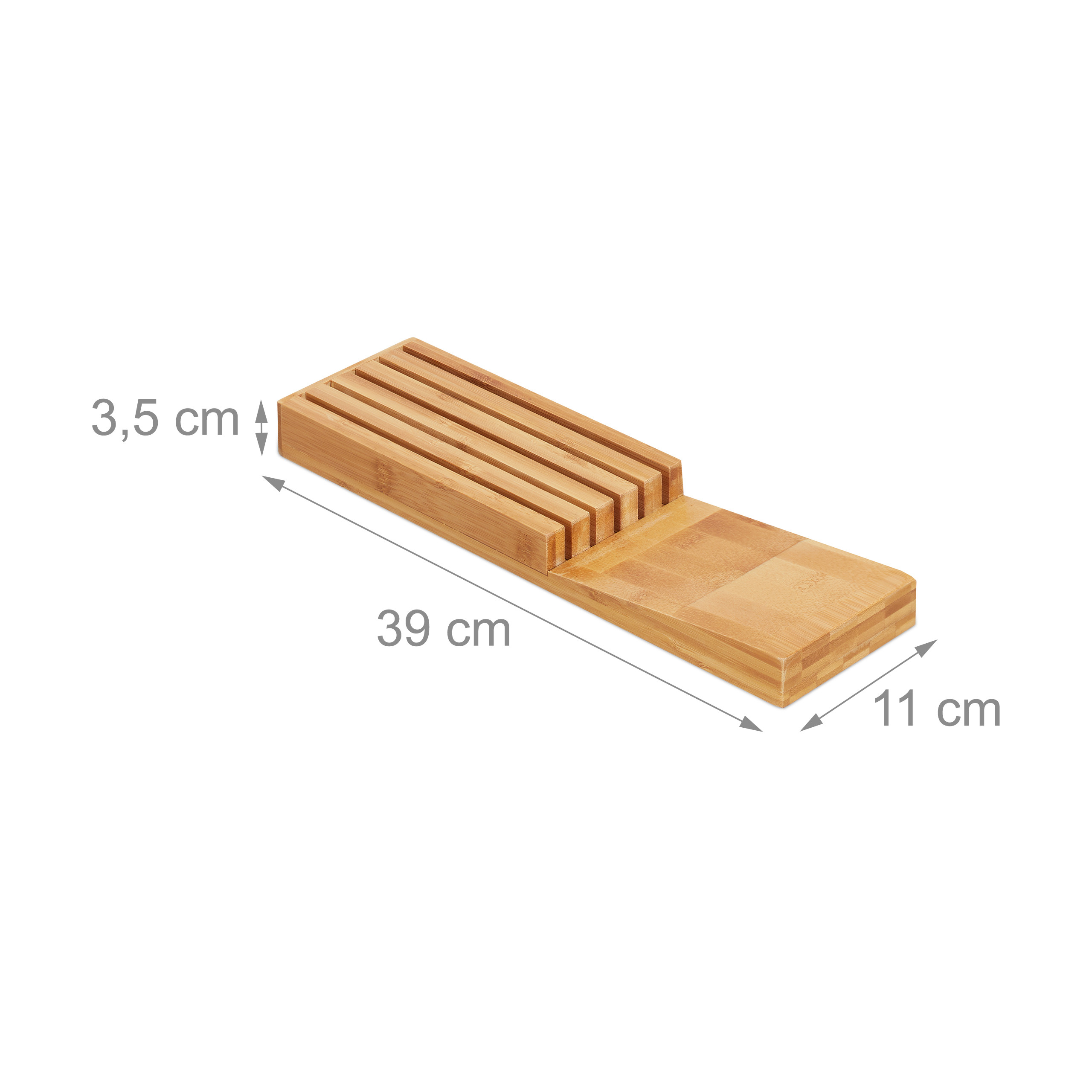 Bambus-Messerblock mit Maßangaben von 39x11x3,5 cm.