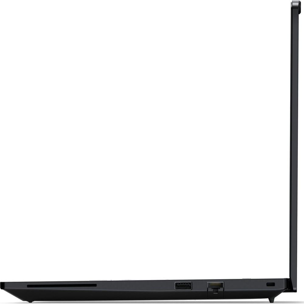 Vista laterale di un laptop nero chiuso su sfondo bianco, con porte visibili.