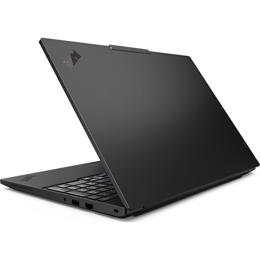 Un ordinateur portable Lenovo ThinkPad noir est légèrement ouvert sur une surface blanche.