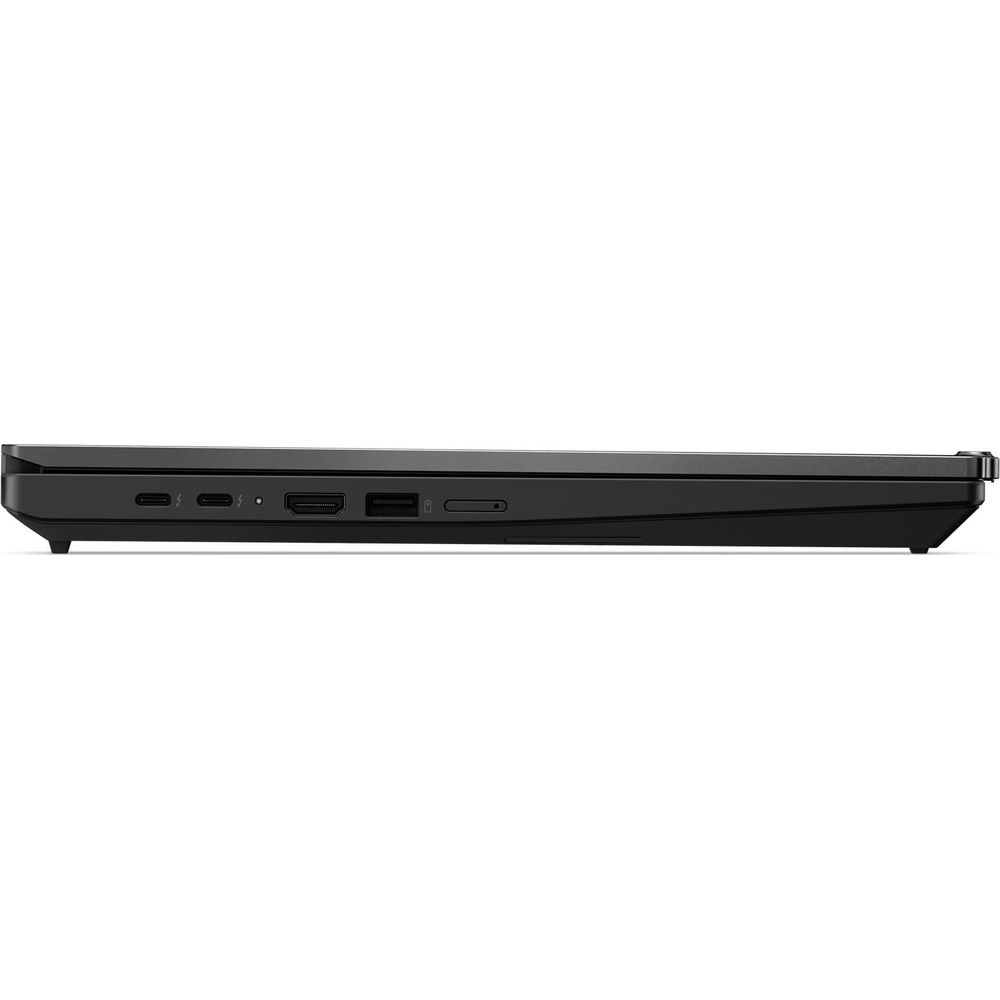 Vue latérale d'un ordinateur portable noir avec ports USB-C, HDMI et USB.