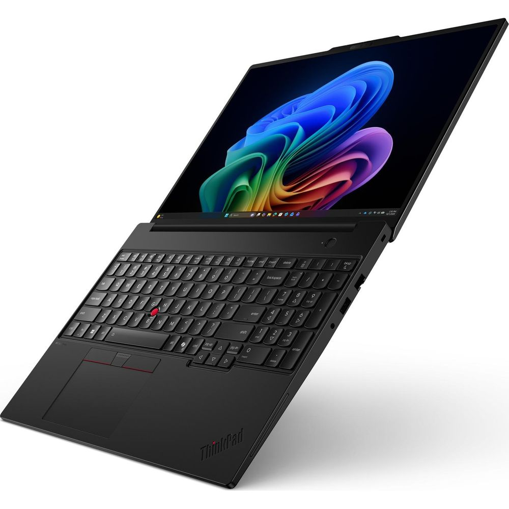 Un ordinateur portable ThinkPad noir est présenté en biais sur fond blanc, avec un fond d'écran abstrait coloré.