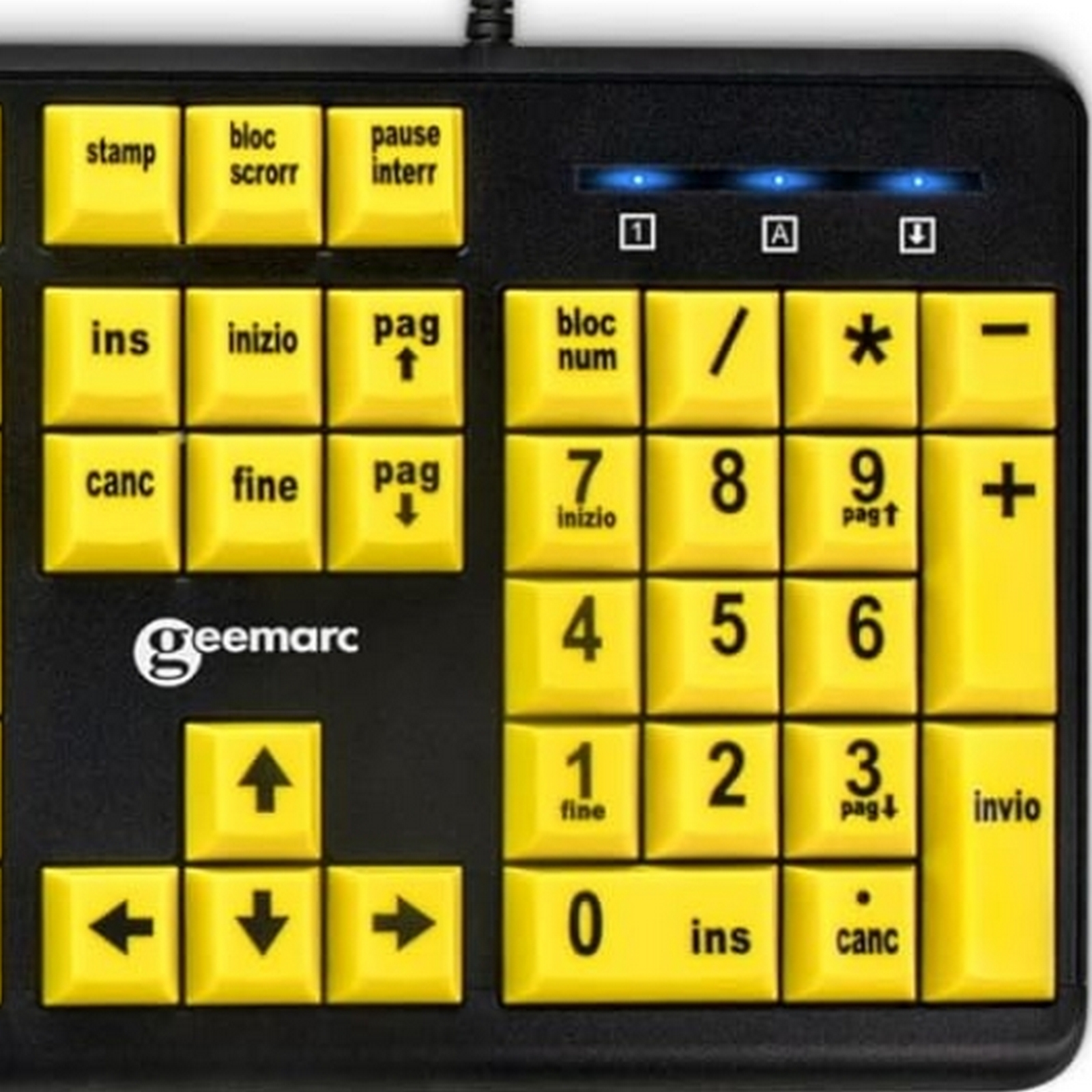 Eine schwarze Tastatur mit großen gelben Tasten und schwarzem Text, Ziffernblock und blauen Kontrollleuchten.