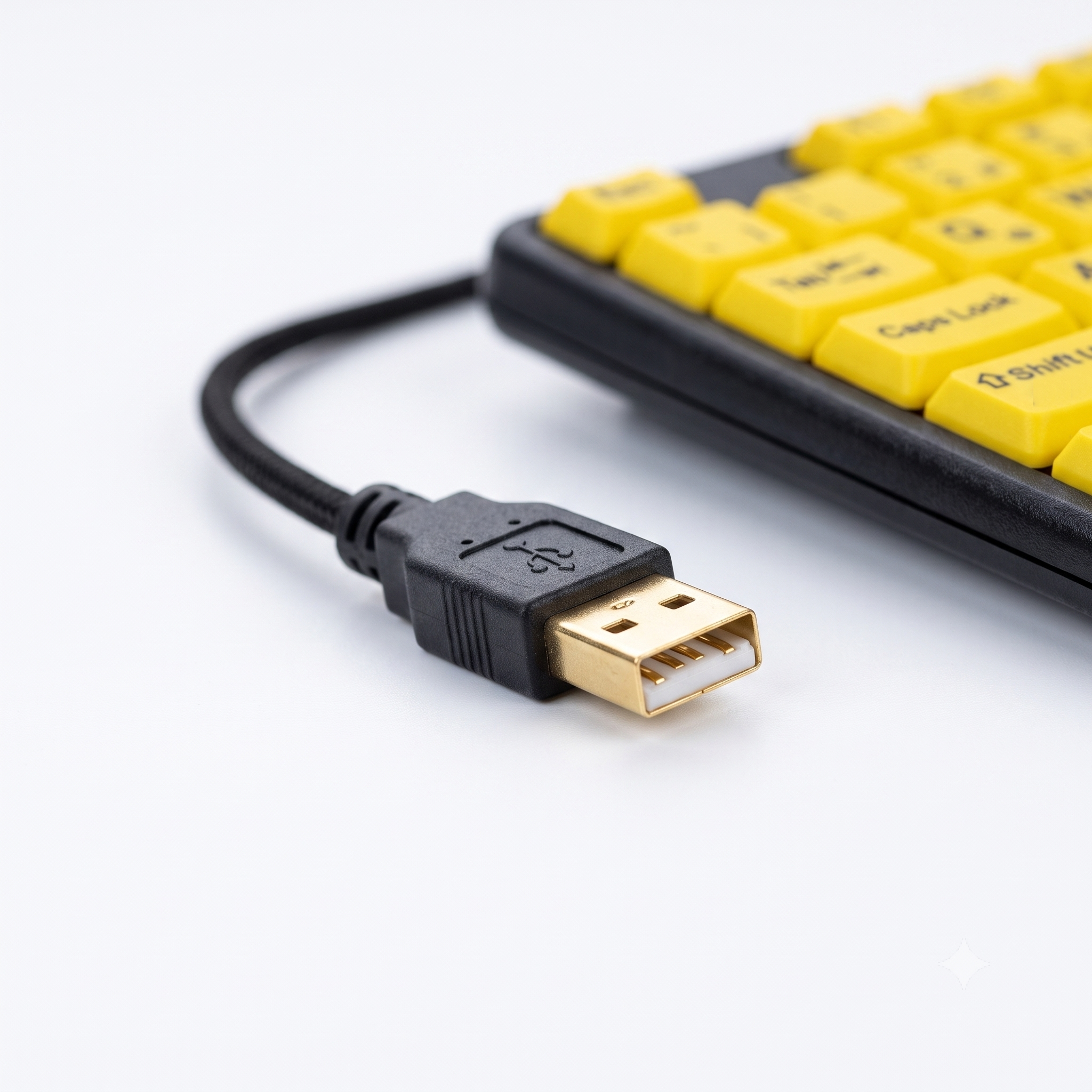 Nahaufnahme eines schwarzen USB-Kabels mit vergoldetem Stecker auf einer weißen Oberfläche neben einer gelben Tastatur.