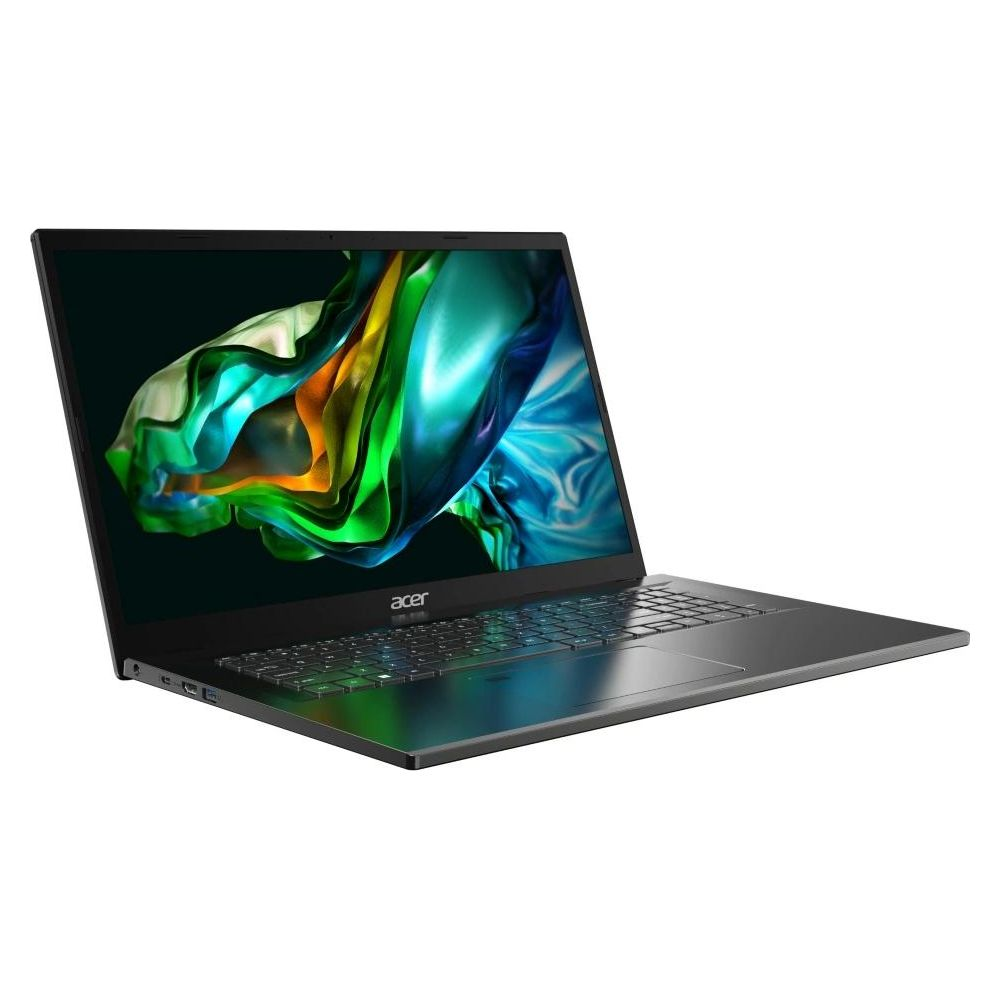 Un computer portatile Acer nero con uno sfondo astratto e colorato sullo schermo, isolato su sfondo bianco.