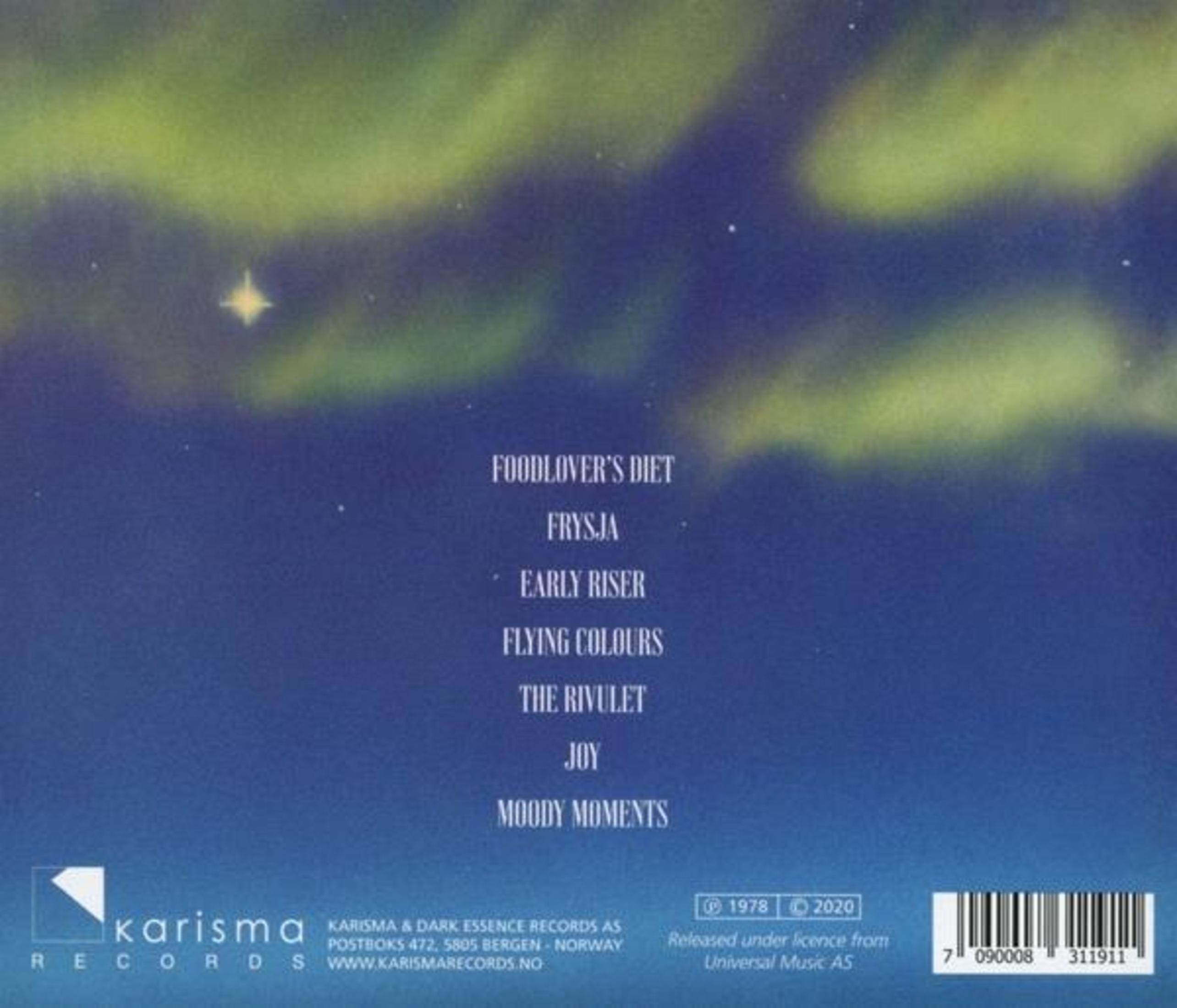 Rückseite einer Musik-CD vor dem Hintergrund eines Polarlichts mit Tracklist und dem Logo von Karisma Records.