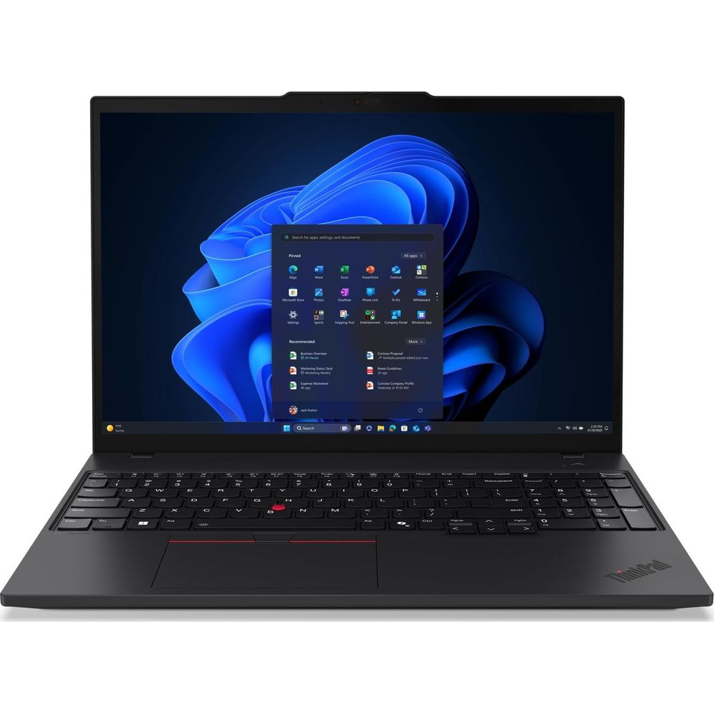 Un ordinateur portable noir avec le menu Démarrer de Windows 11 ouvert et un fond abstrait bleu.