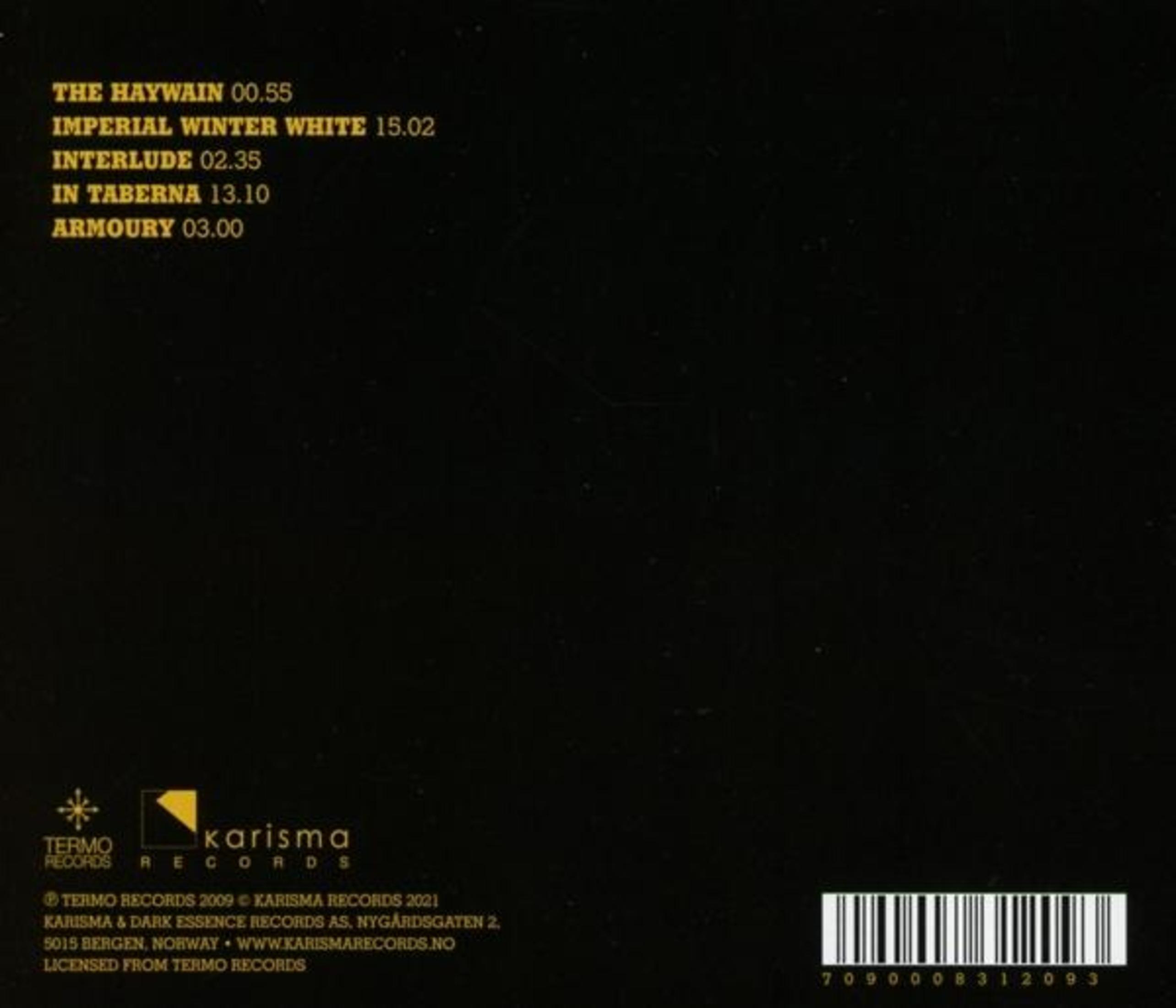 Rückseite einer CD-Hülle mit gelber Tracklist und Logos auf schwarzem Grund.