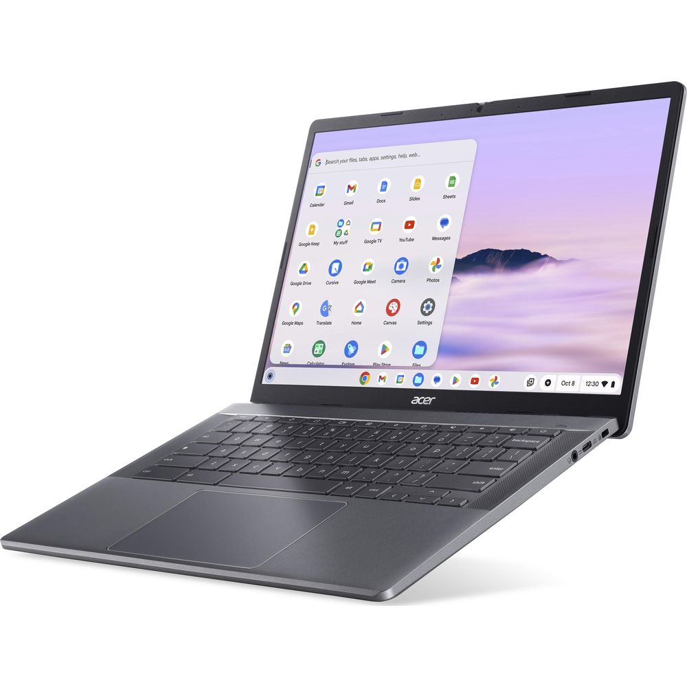 Un laptop Acer grigio mostra il menu delle app e uno sfondo di montagna sullo schermo, visto da un'angolazione.
