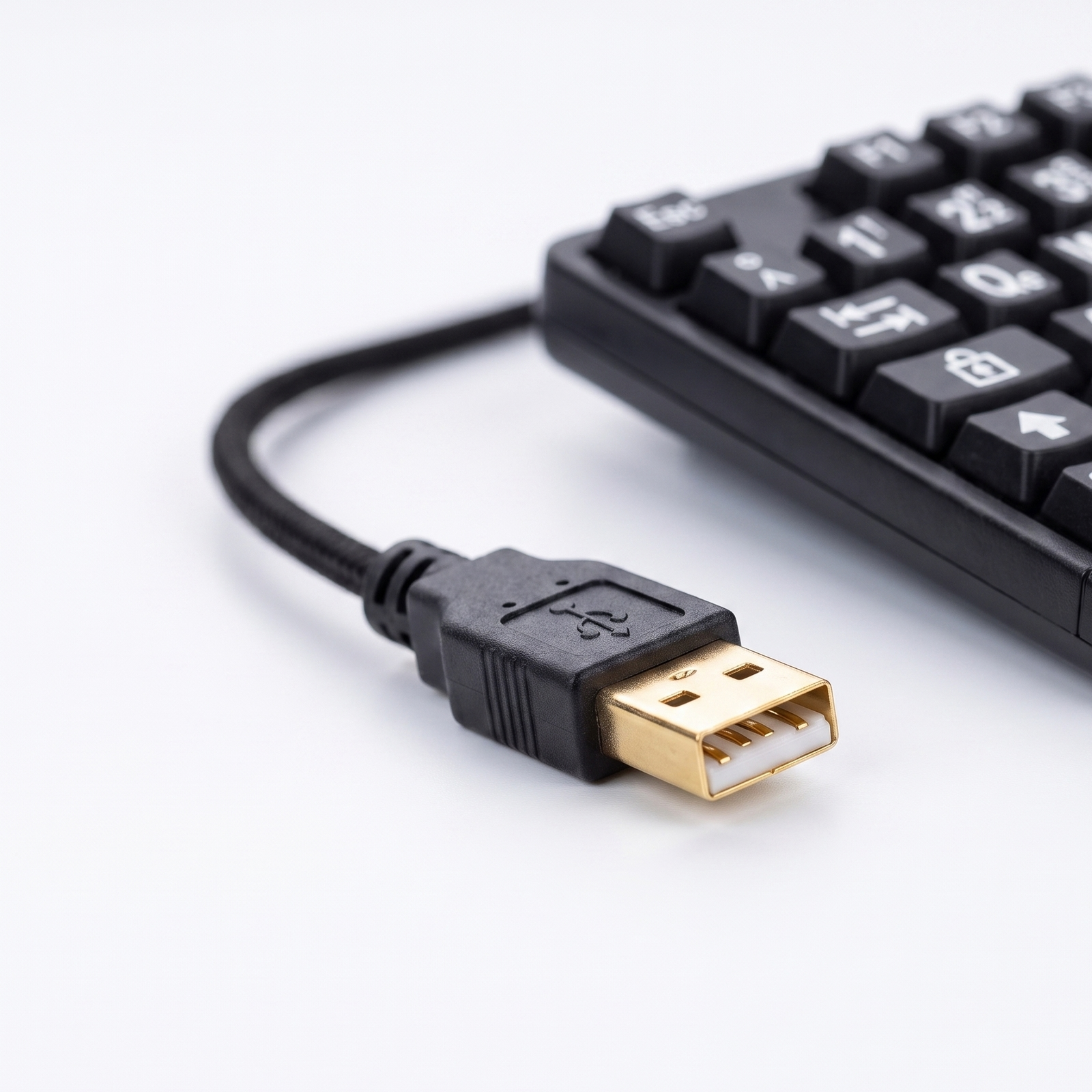 Ein goldener USB-Stecker mit schwarzem Kabel liegt auf weißem Untergrund neben einer Computertastatur.