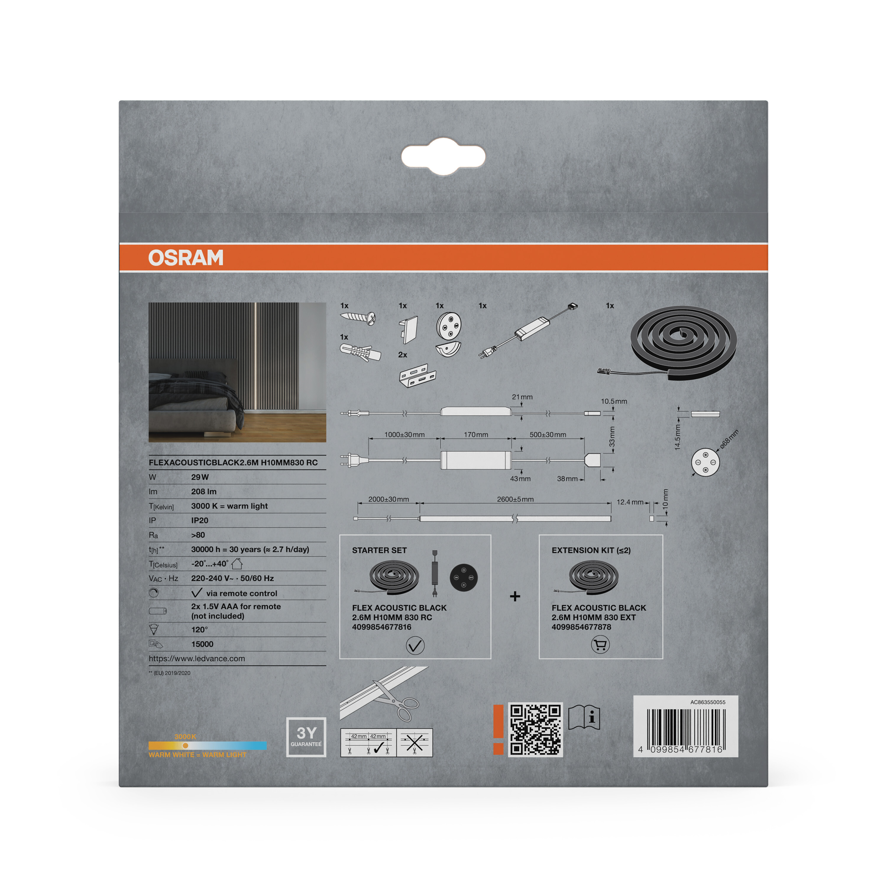 Osram LED-Streifen Verpackung mit technischen Daten, Maßen und Abbildungen des Zubehörs aufgrauem Hintergrund.