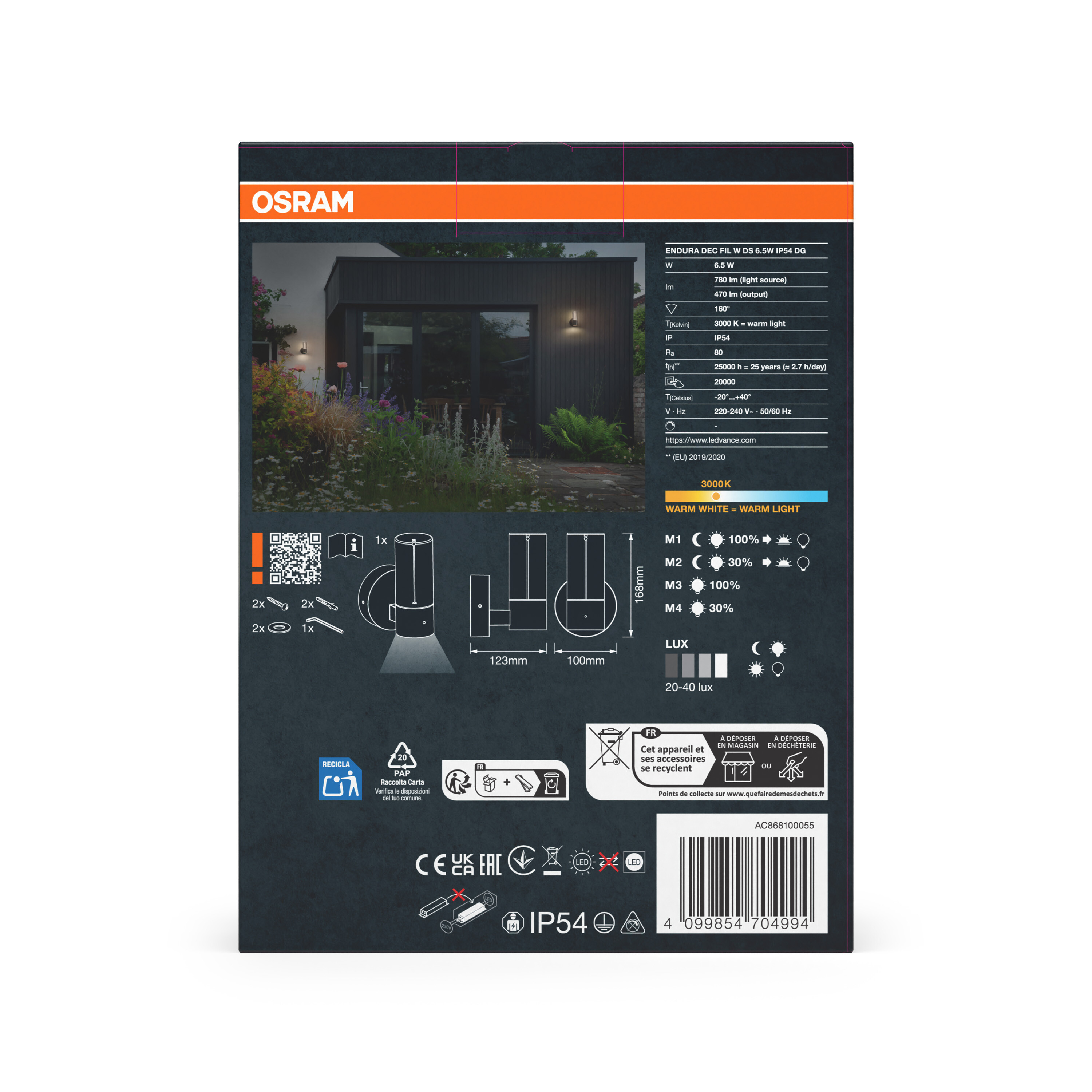 Osram-Verpackung mit technischen Daten, Maßen, Installationsanweisungen und EAN-Strichcode für eine Außenleuchte.