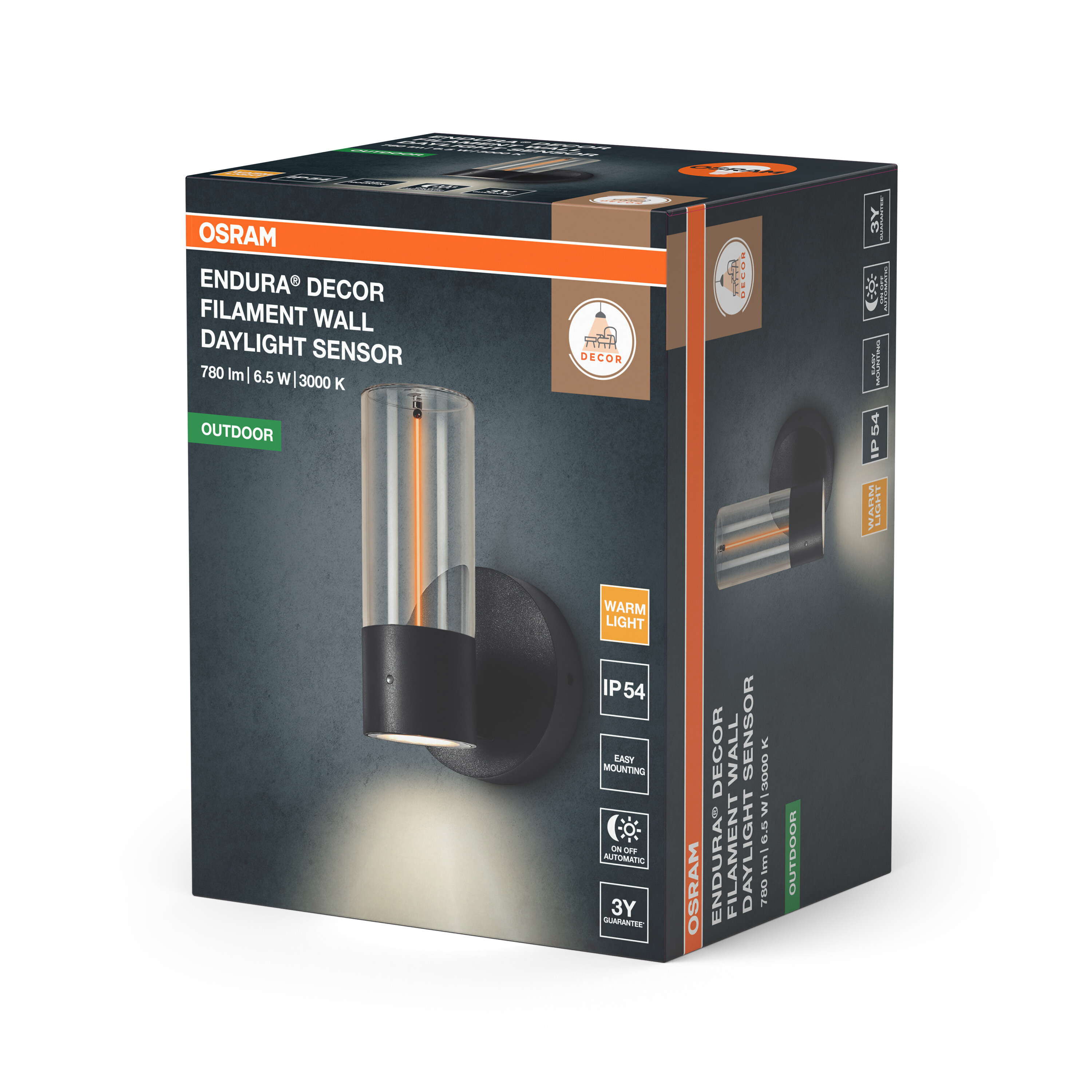 Osram Endura Decor Wandleuchte Verpackung mit Bild einer schwarzen zylindrischen Außenlampe mit Sensor.