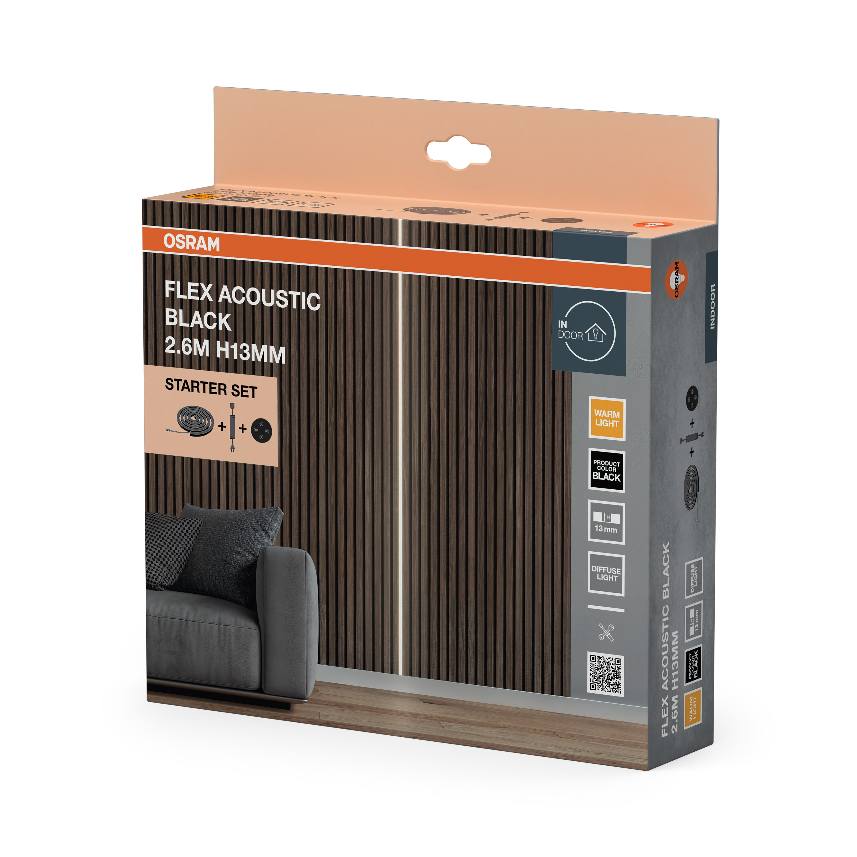 Osram Flex Acoustic Black Starter-Set-Box mit Holzlamellenpaneelen und Licht, neben einem grauen Sofa.