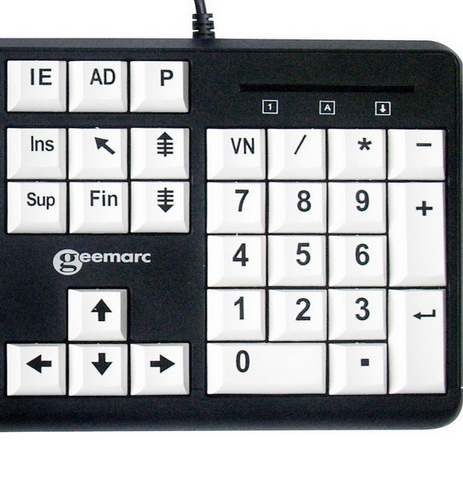 Schwarze Computertastatur mit großen, hellen Tasten und Ziffernblock.